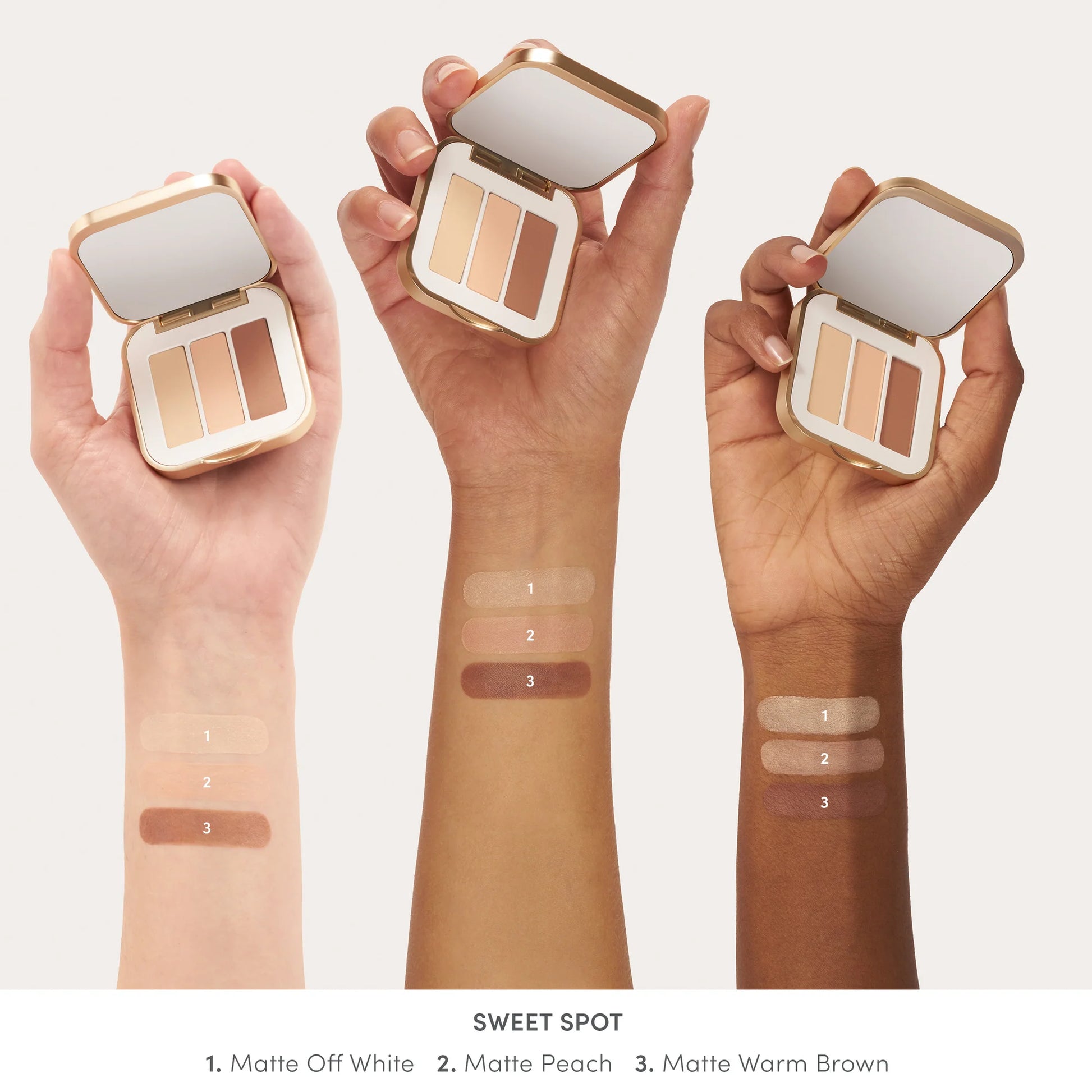 PurePressed® Eye Shadow Triple in Sweet Spot held open, showcasing three matte shades swatched on diverse skin tones. Trio offers versatile, talc-free, refillable eye looks.