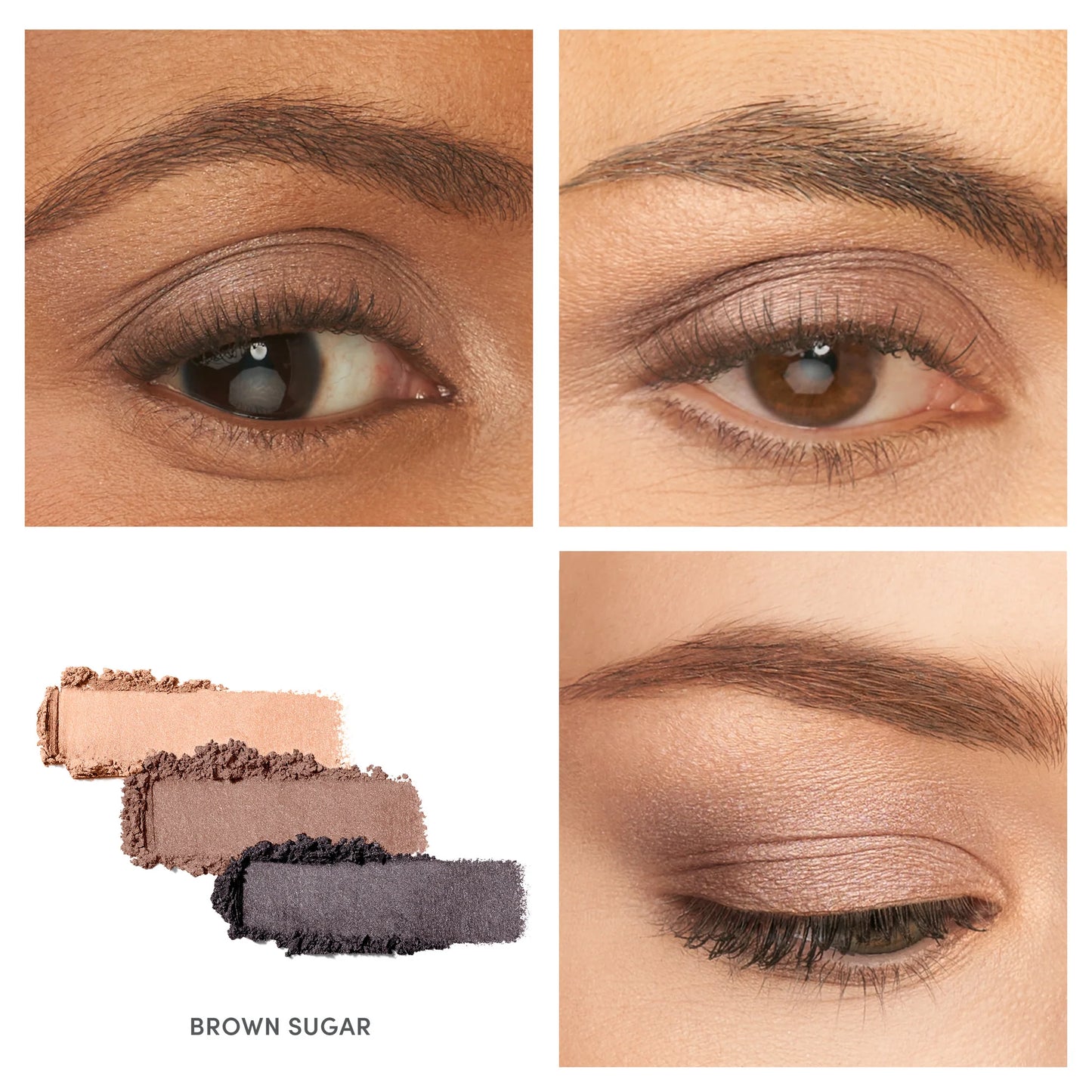 PurePressed® Eye Shadow Triple: Close-up of model's eye with blended brown shadows, showcasing the eyeshadow's application alongside swatches of the trio's warm brown shades.