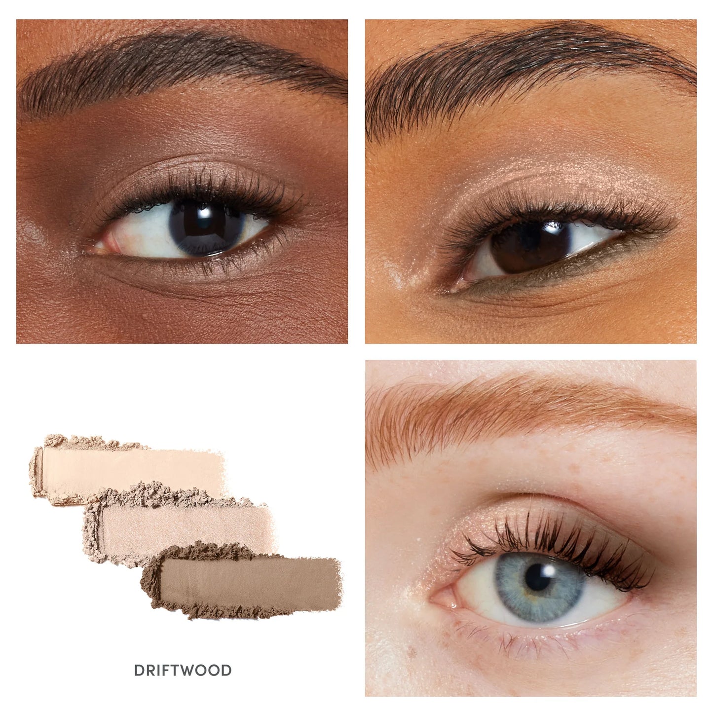PurePressed® Eye Shadow Triple in Driftwood showcased on diverse models; features trio of talc-free, blendable shades for versatile eye looks.