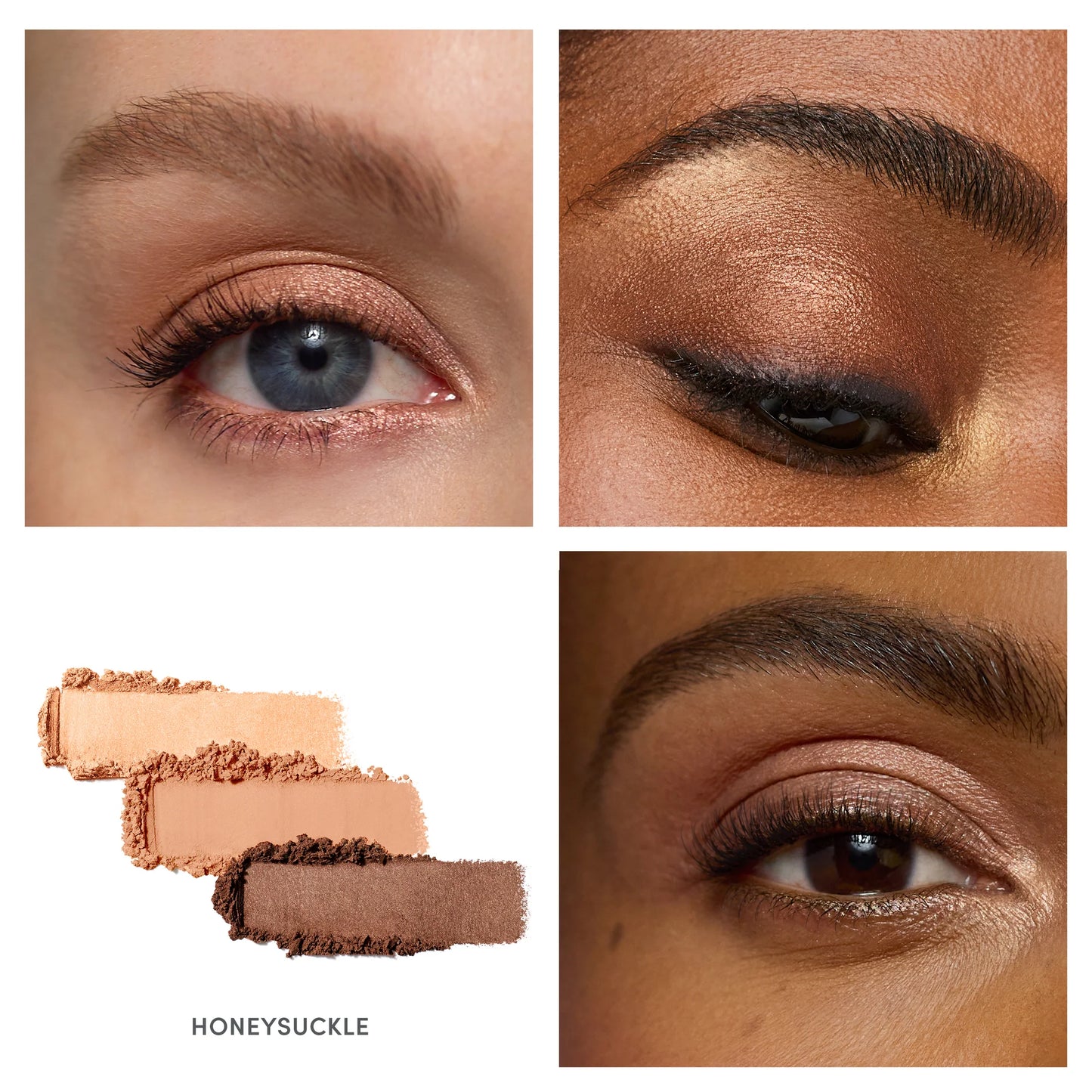 PurePressed® Eye Shadow Triple in HONEYSUCKLE with four diverse eye looks and swatches, showcasing a talc-free, blendable, refillable palette by Beauty Shop Bellaire.