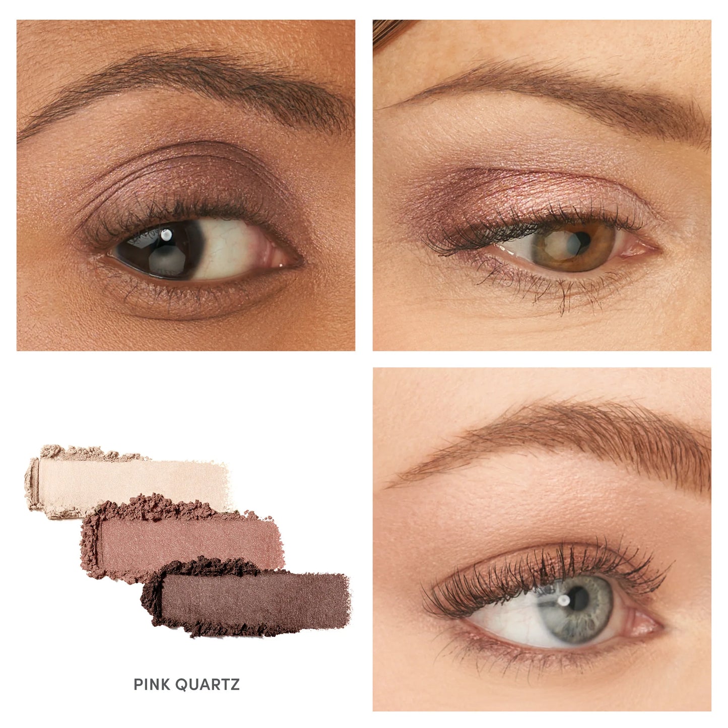 PurePressed® Eye Shadow Triple in Pink Quartz with crushed swatches and close-up eye applications, showcasing versatile, talc-free shades for diverse skin tones.