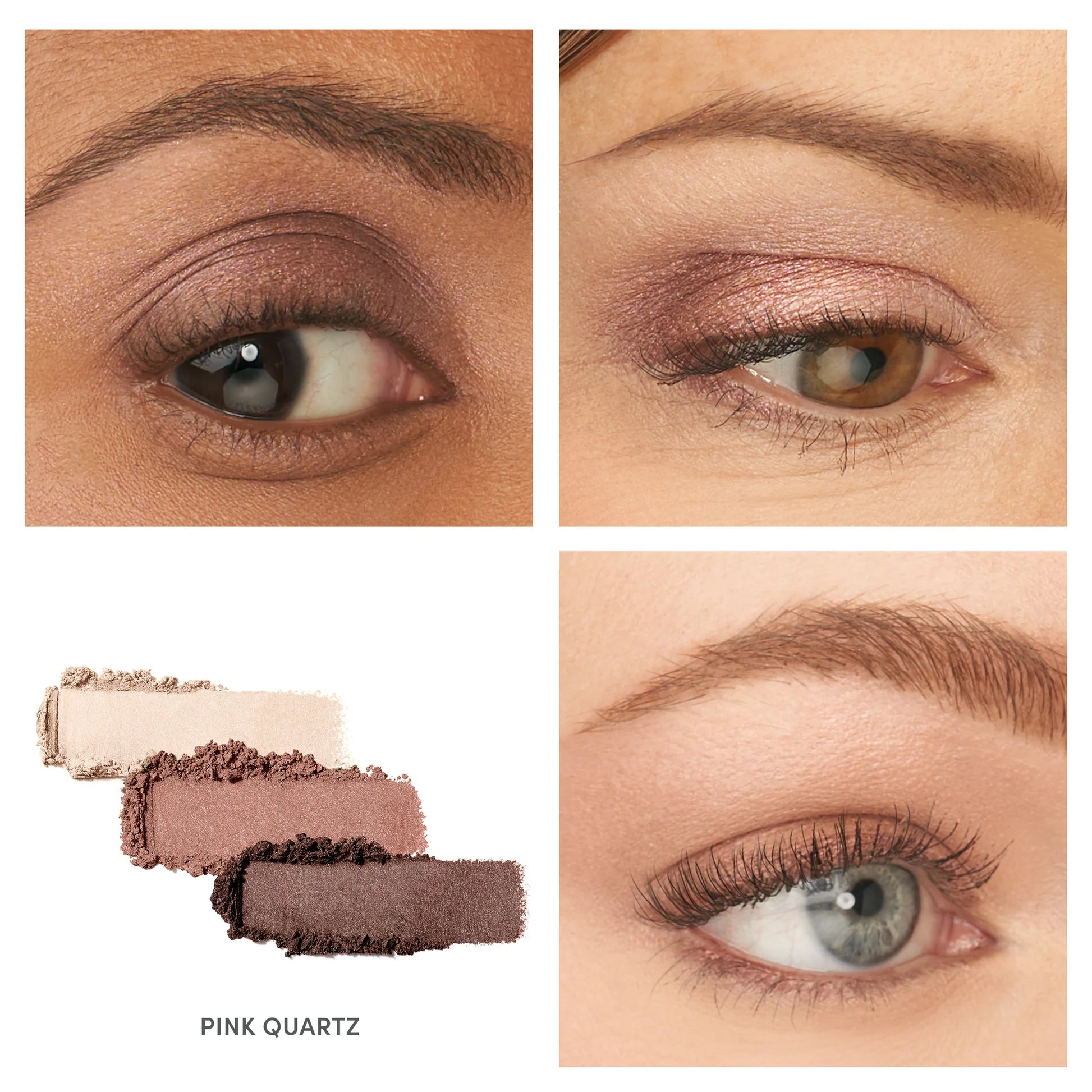 PurePressed® Eye Shadow Triple in Pink Quartz with crushed swatches and close-up eye applications, showcasing versatile, talc-free shades for diverse skin tones.