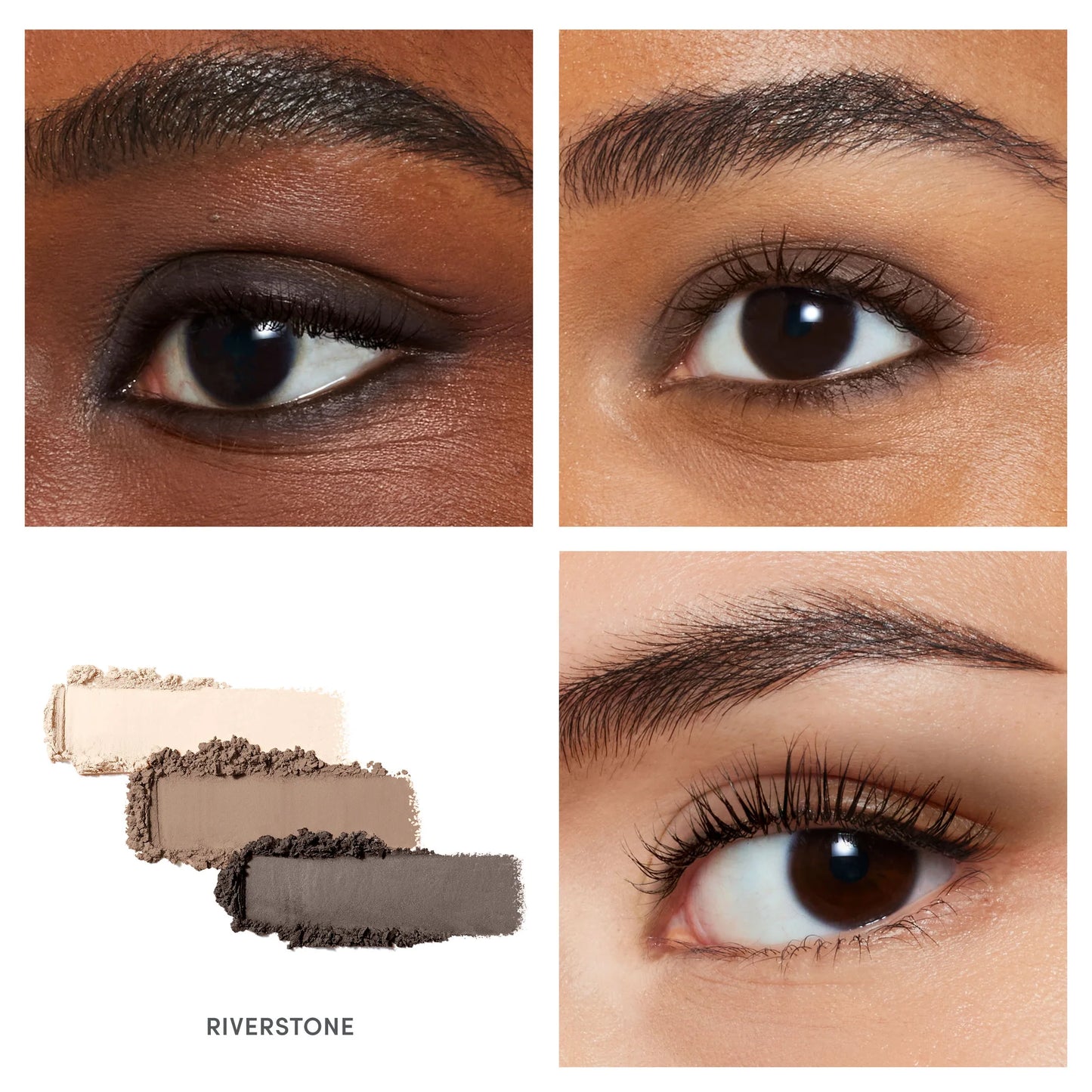 PurePressed® Eye Shadow Triple in Riverstone showcased on diverse skin tones, highlighting cool-grey/brown shades for versatile eye looks.