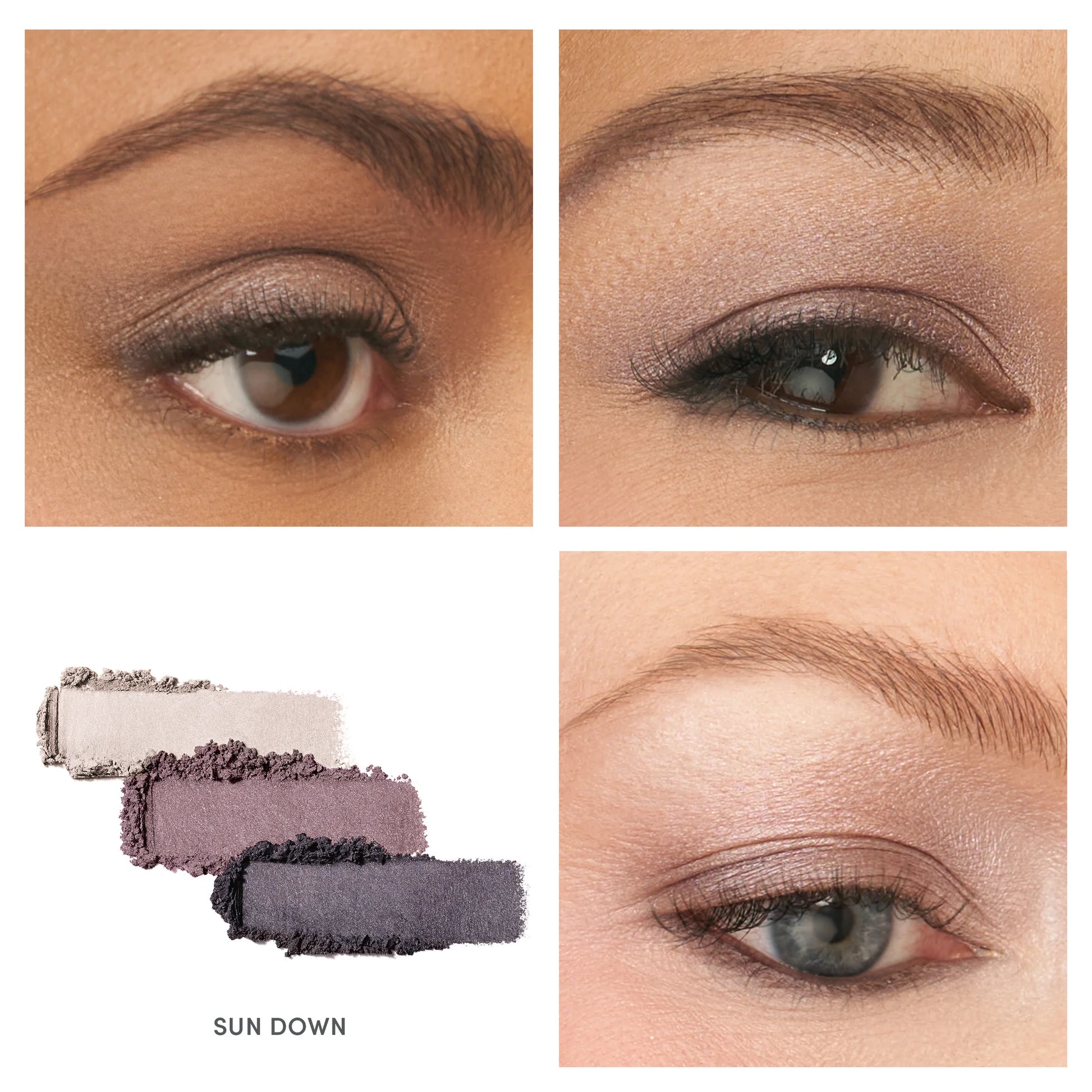 Collage of four eyes with PurePressed® Eye Shadow Triple in SUN DOWN, showcasing diverse applications on various skin tones; includes three powder shadow swatches.