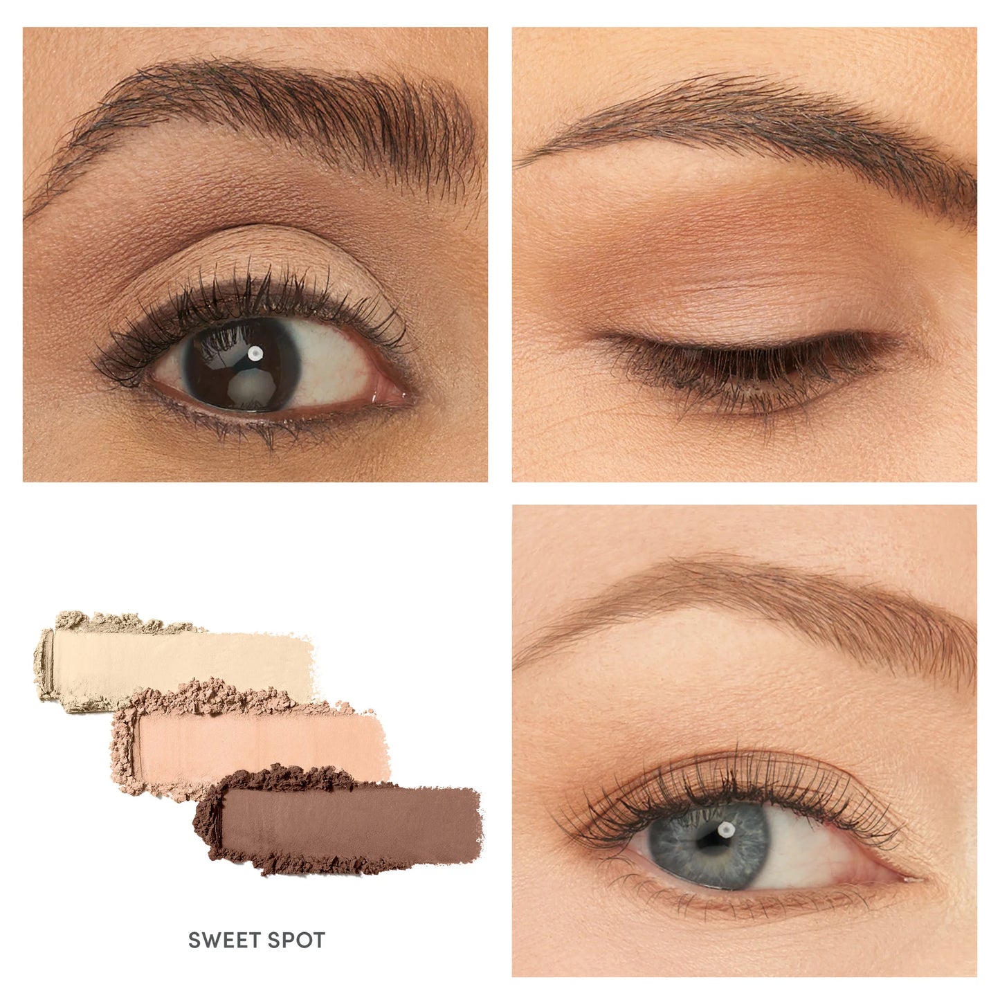 PurePressed® Eye Shadow Triple Sweet Spot quad features four matte shades with swatches and close-ups, showcasing versatile, talc-free, vegan-friendly eyeshadow for diverse skin tones.