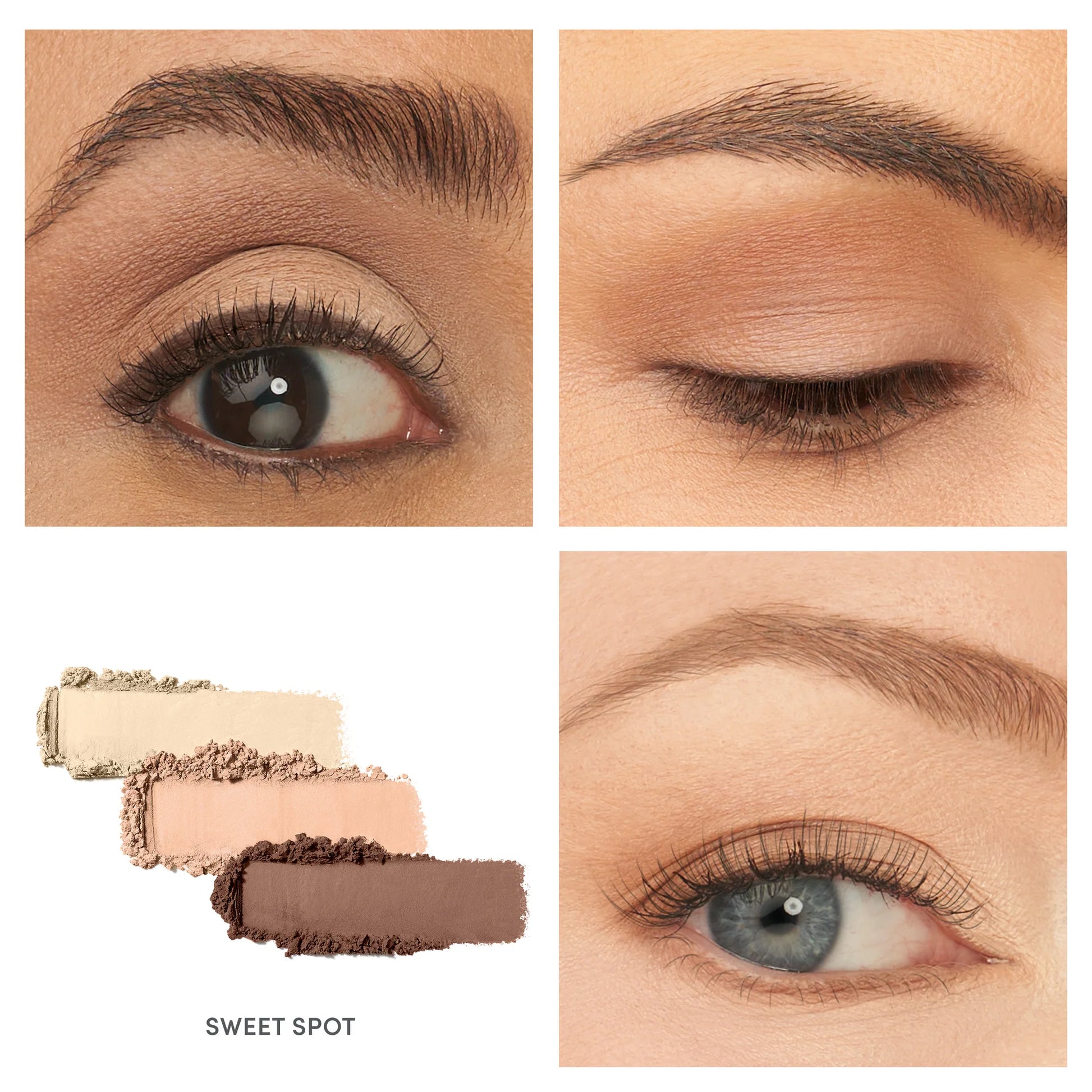 PurePressed® Eye Shadow Triple Sweet Spot quad features four matte shades with swatches and close-ups, showcasing versatile, talc-free, vegan-friendly eyeshadow for diverse skin tones.