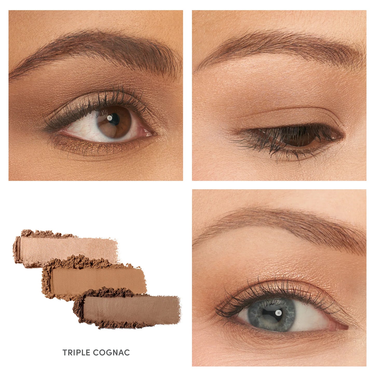 PurePressed® Eye Shadow Triple demo: Triple Cognac on brown and blue eyes, plus swatches. Silky, talc-free formula; perfect for versatile, clean beauty looks.