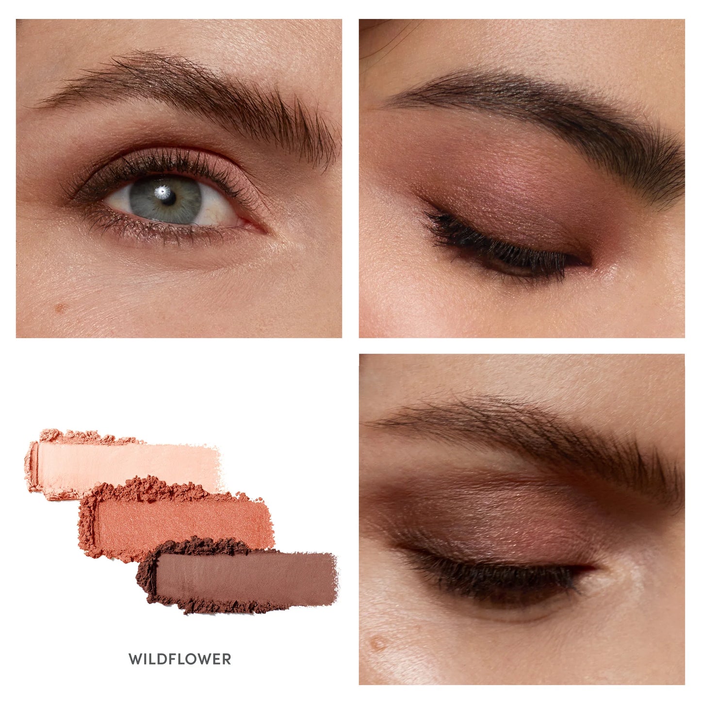 PurePressed® Eye Shadow Triple 'Wildflower' demo showing before-and-after eye application and three swatches, highlighting its blendable, talc-free formula for versatile looks.