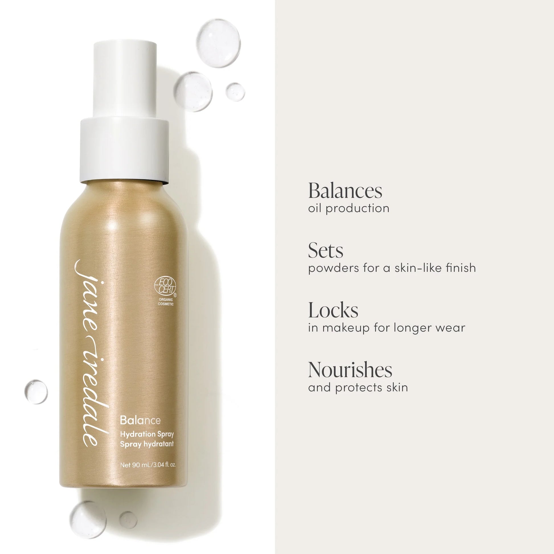 Balance Hydration Spray in gold bottle with white cap, ECOCERT seal; benefits include oil control, makeup setting, and pore refining for fresh, dewy skin.