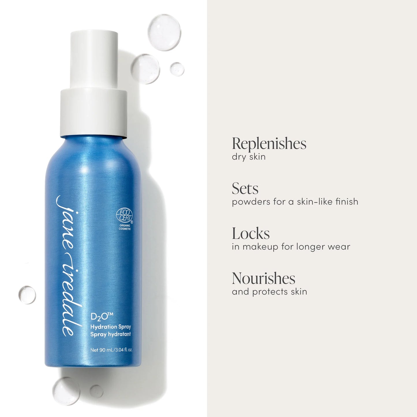 Jane Iredale D²O Hydration Spray bottle with water droplets, highlighting features: deep hydration, makeup setting, fragrance-free, suitable for all skin types.
