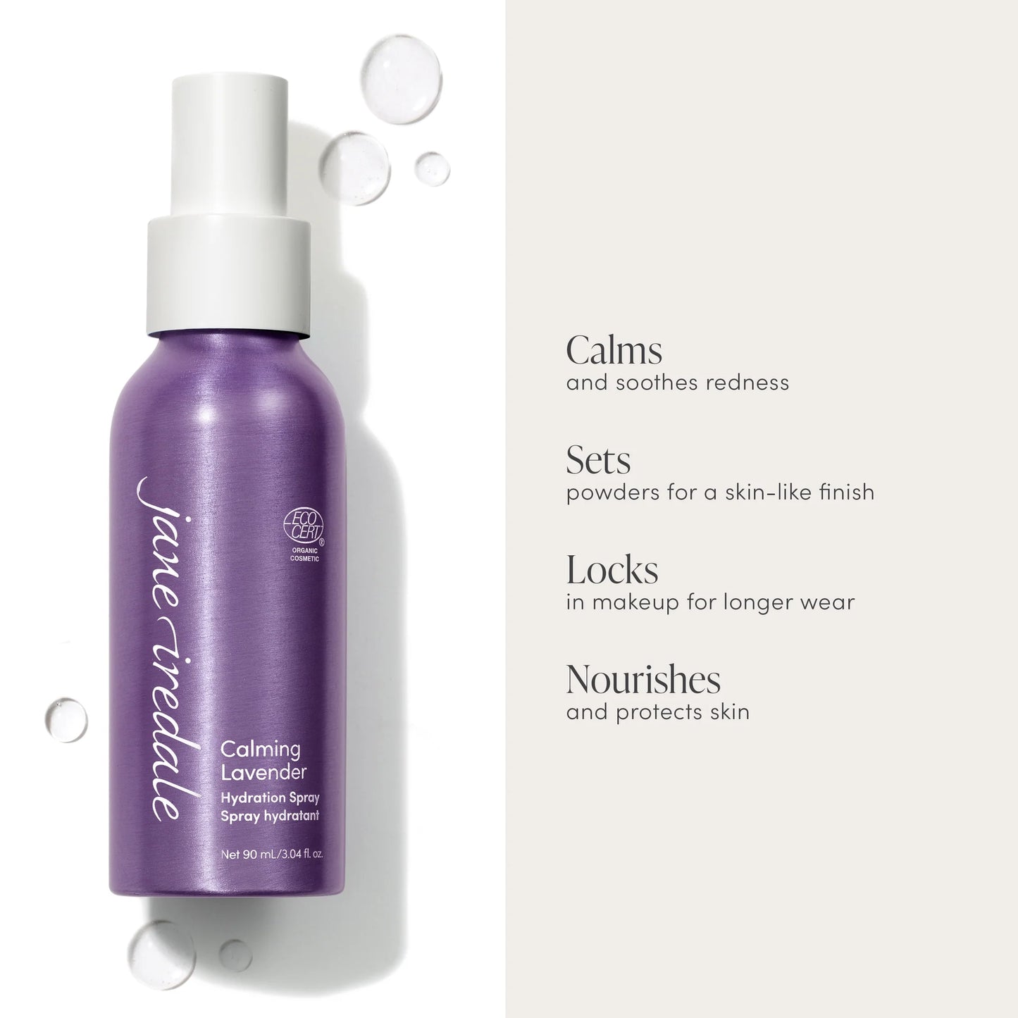 Jane Iredale Calming Lavender Hydration Spray bottle with mist droplets; features soothe redness, set makeup, nourish skin, ideal for sensitive skin.