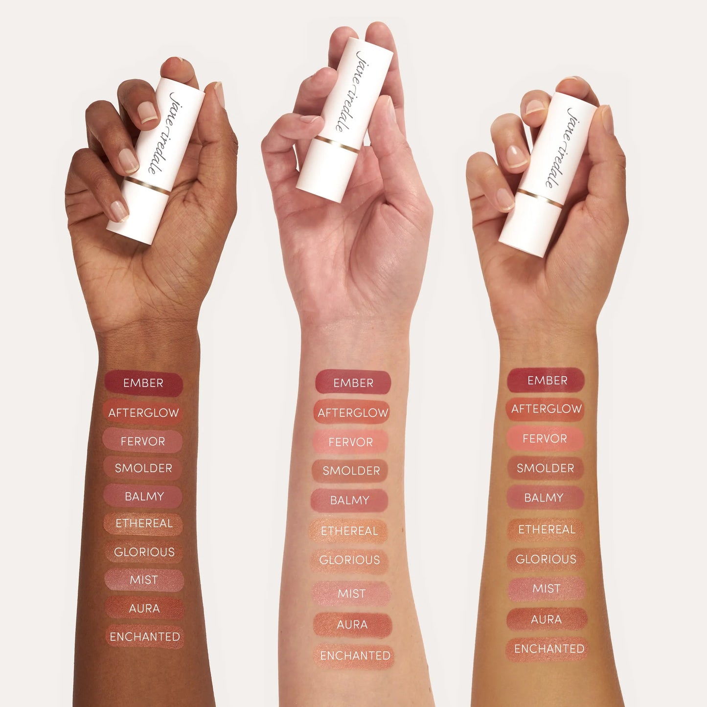 Three forearms display Glow Time® Blush Stick swatches in ten shades, showing color variation on different skin tones.