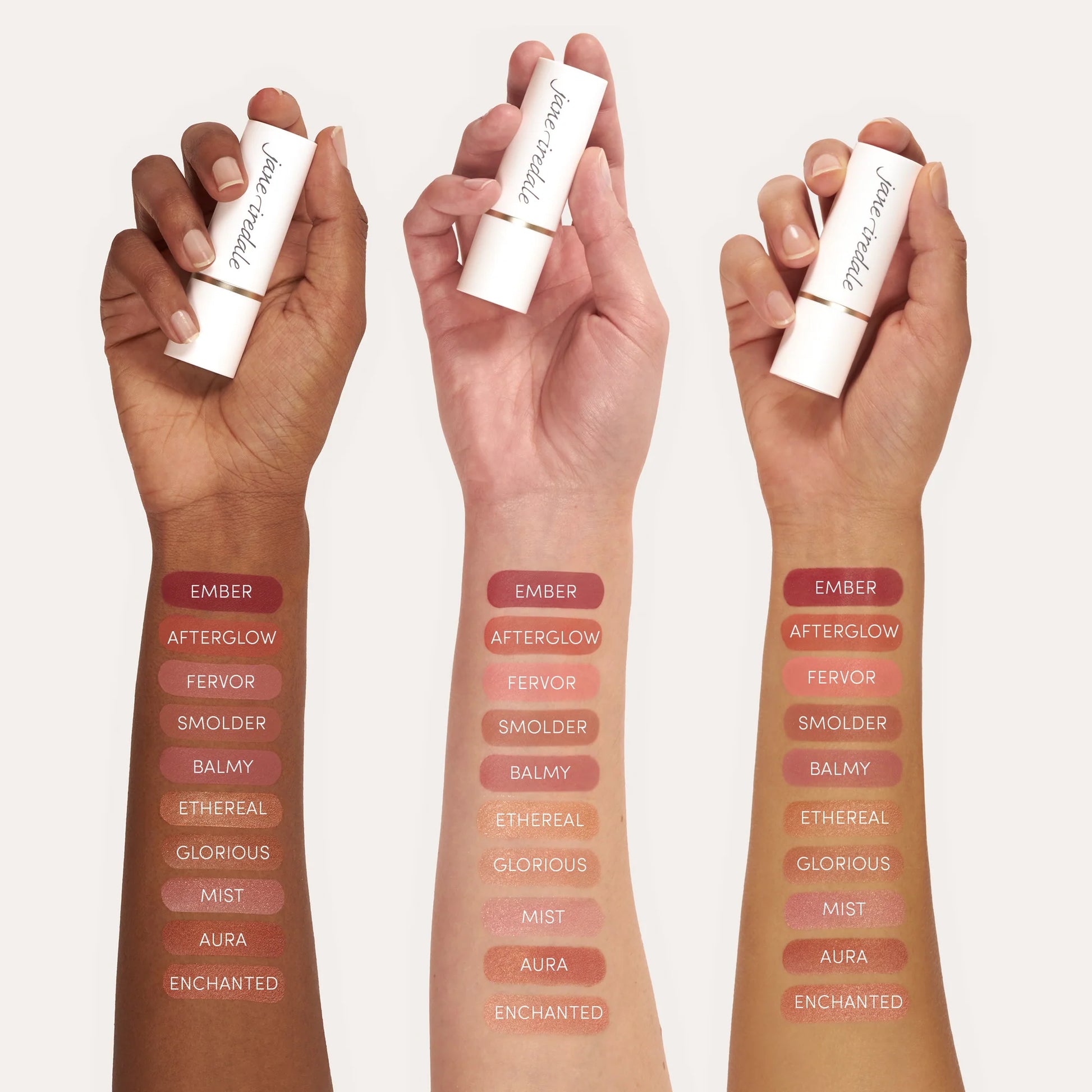 Three forearms display Glow Time® Blush Stick swatches in ten shades, showing color variation on different skin tones.