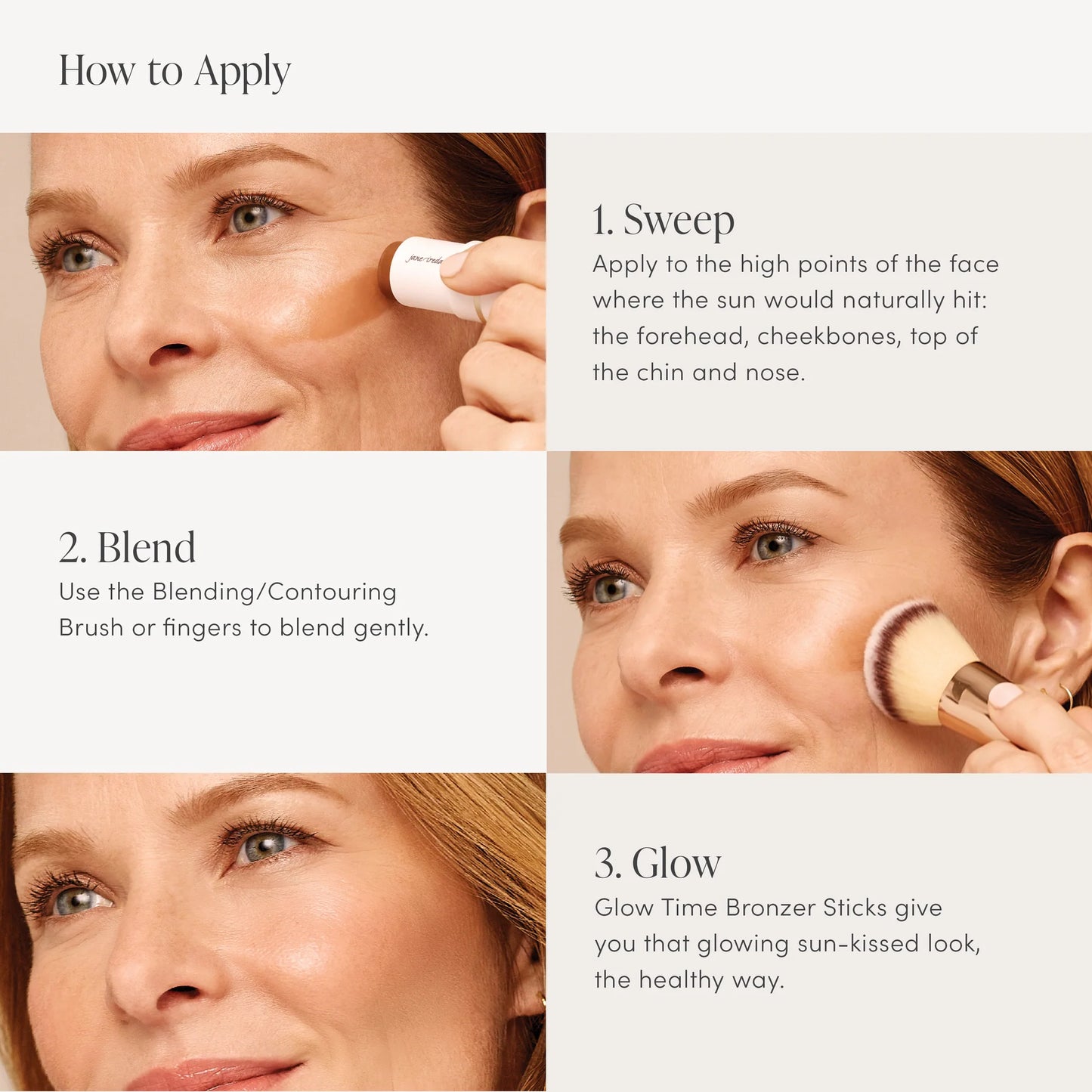 Step-by-step guide to applying Glow Time® Bronzer Stick: Sweep on high points, blend with brush, achieve sun-kissed glow using creamy, buildable formula with Olive Squalane.