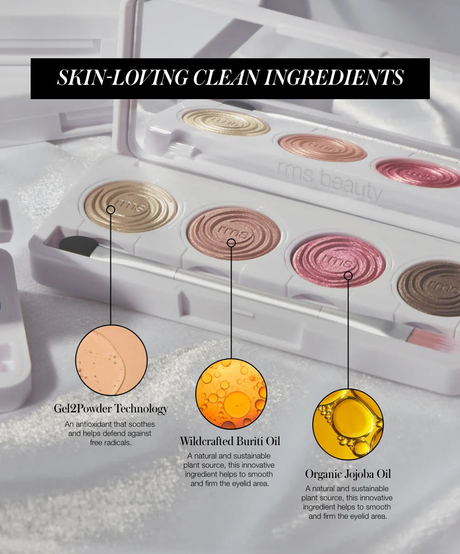 RMS Beauty ReDimension Hydra Eyes Quartet showcases four shimmery shades with a dual-ended brush, emphasizing skin-loving clean ingredients like Buriti and Jojoba oils.