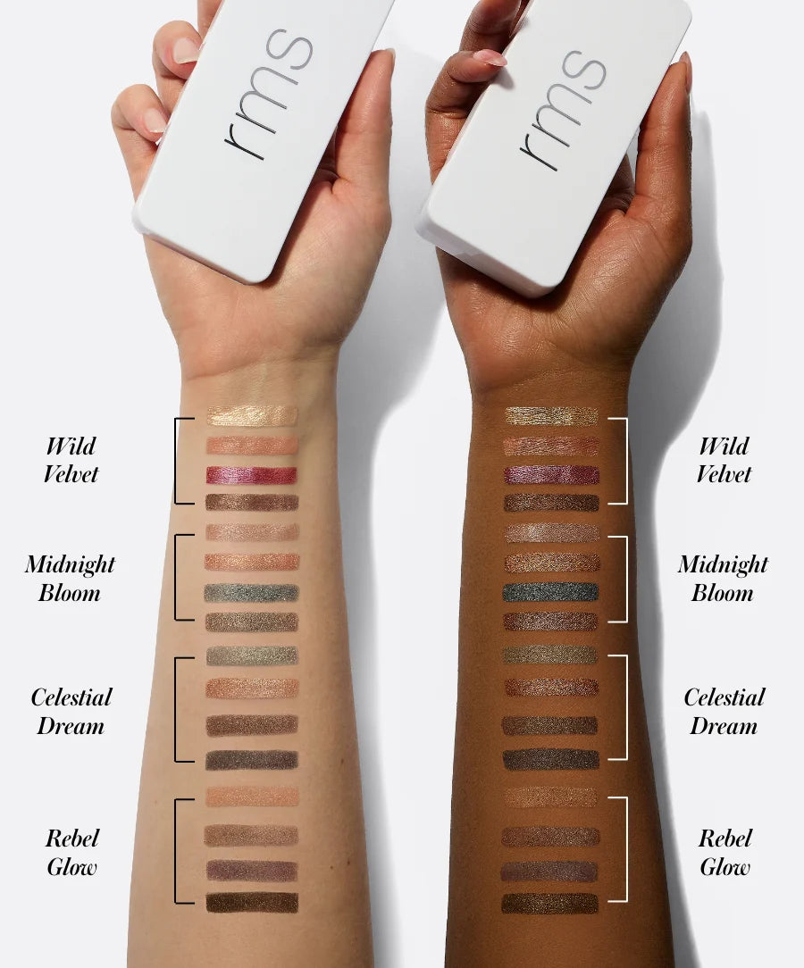 Swatch comparison of RMS Beauty's ReDimension Hydra Eyes Quartet, showcasing 16 metallic and shimmer shades on light and dark skin tones.