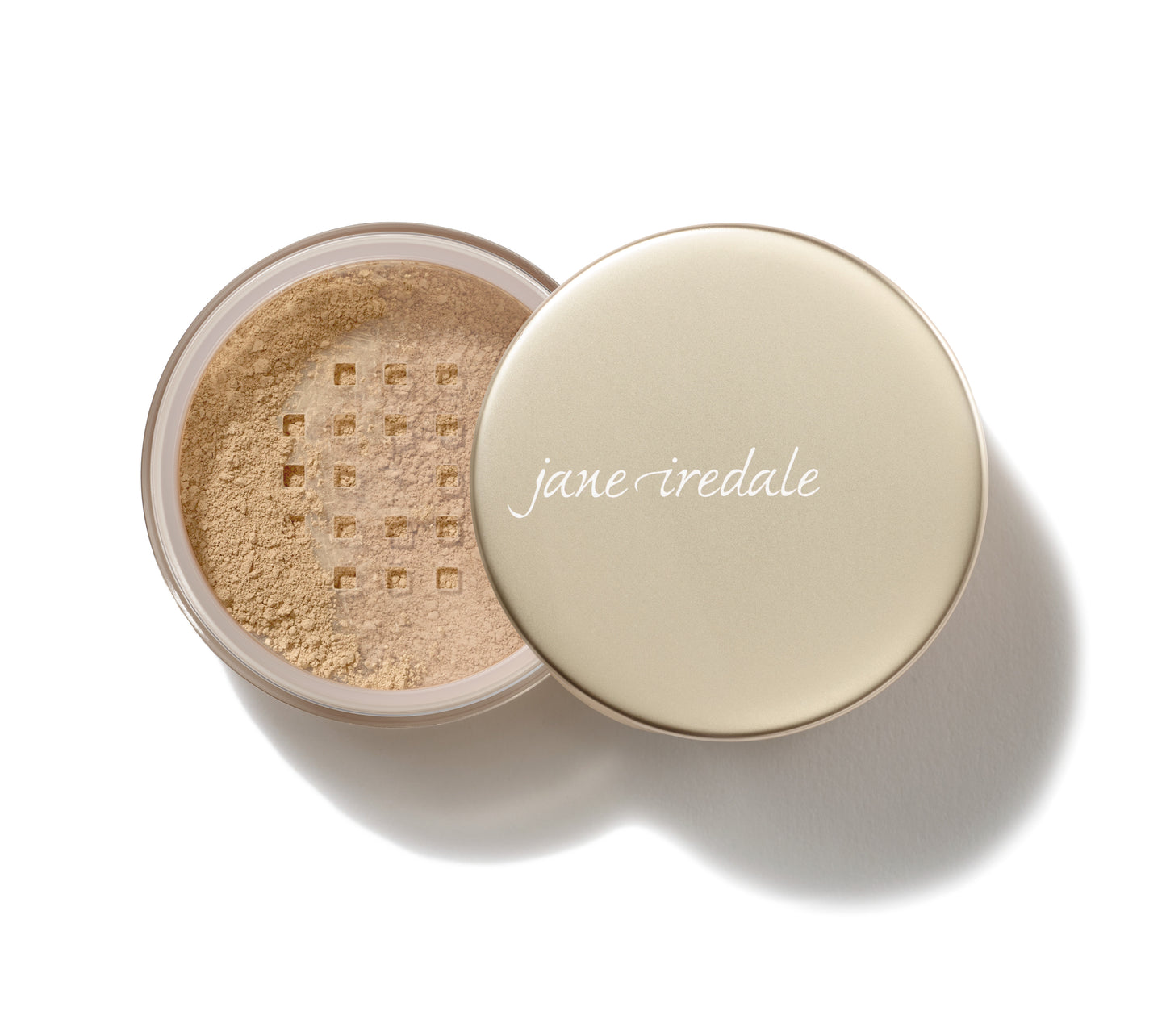 Amazing Matte™ Loose Finish Powder jar, partially opened, revealing sifter insert dusted with powder. Lid branded “jane iredale.” Finishing powder for all skin types, vegan.