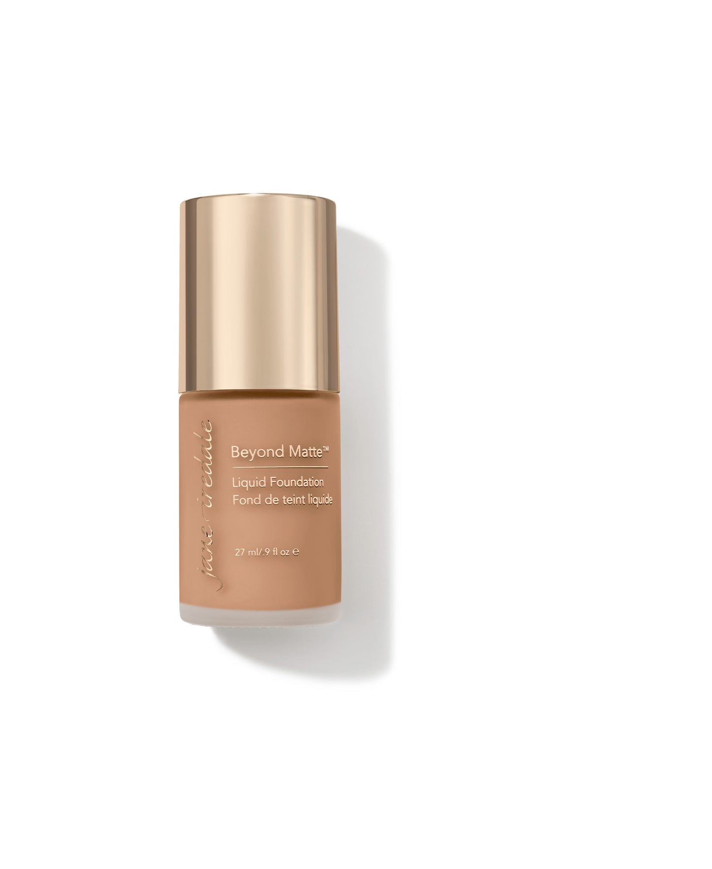 Jane Iredale Beyond Matte™ Liquid Foundation bottle, beige with gold cap, offering buildable, semi-matte finish with plant-based, pore-minimizing ingredients.