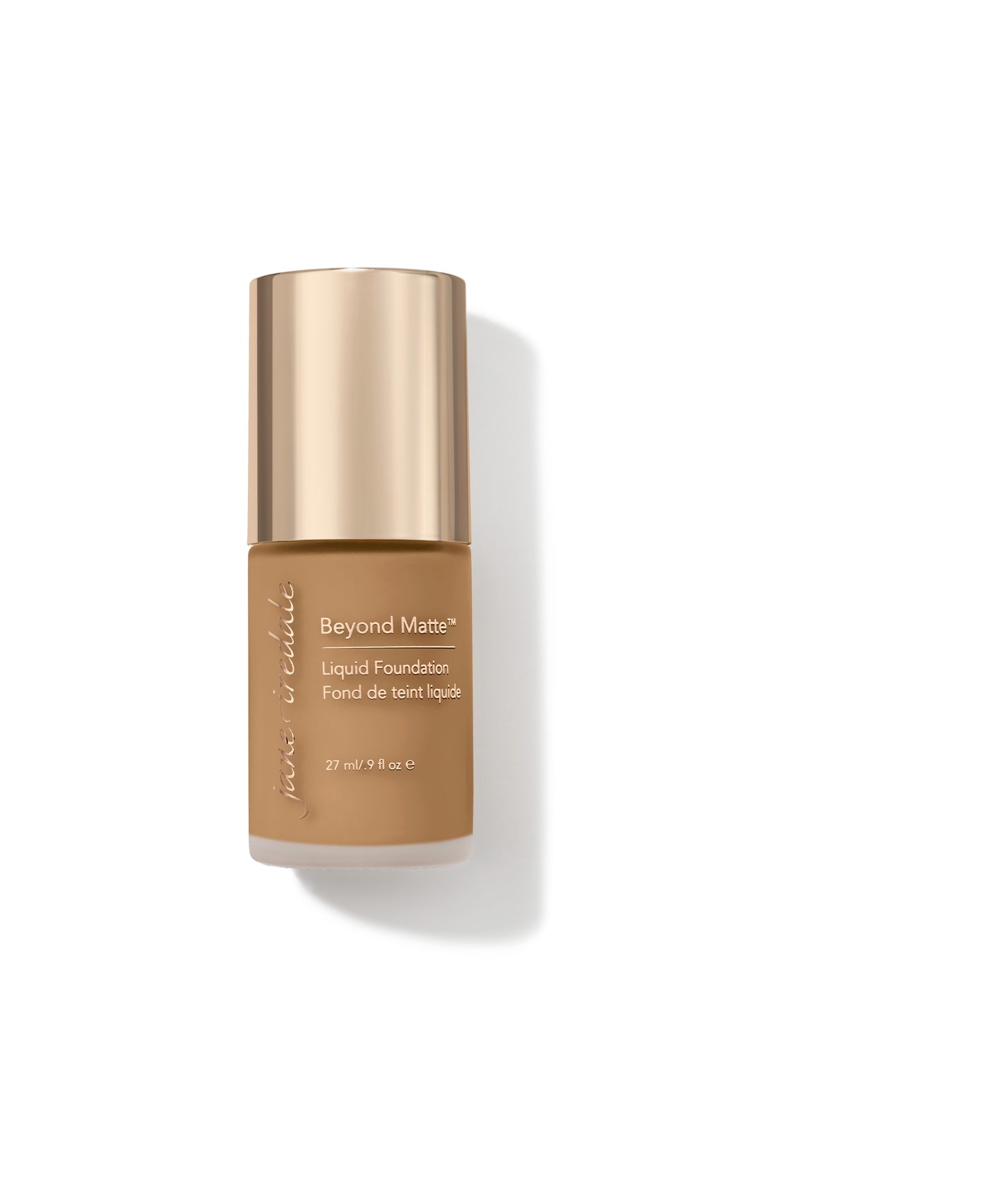 Beyond Matte™ Liquid Foundation by jane iredale in frosted-glass bottle with gold cap; offers buildable, semi-matte coverage using plant-based, pore-minimizing ingredients.