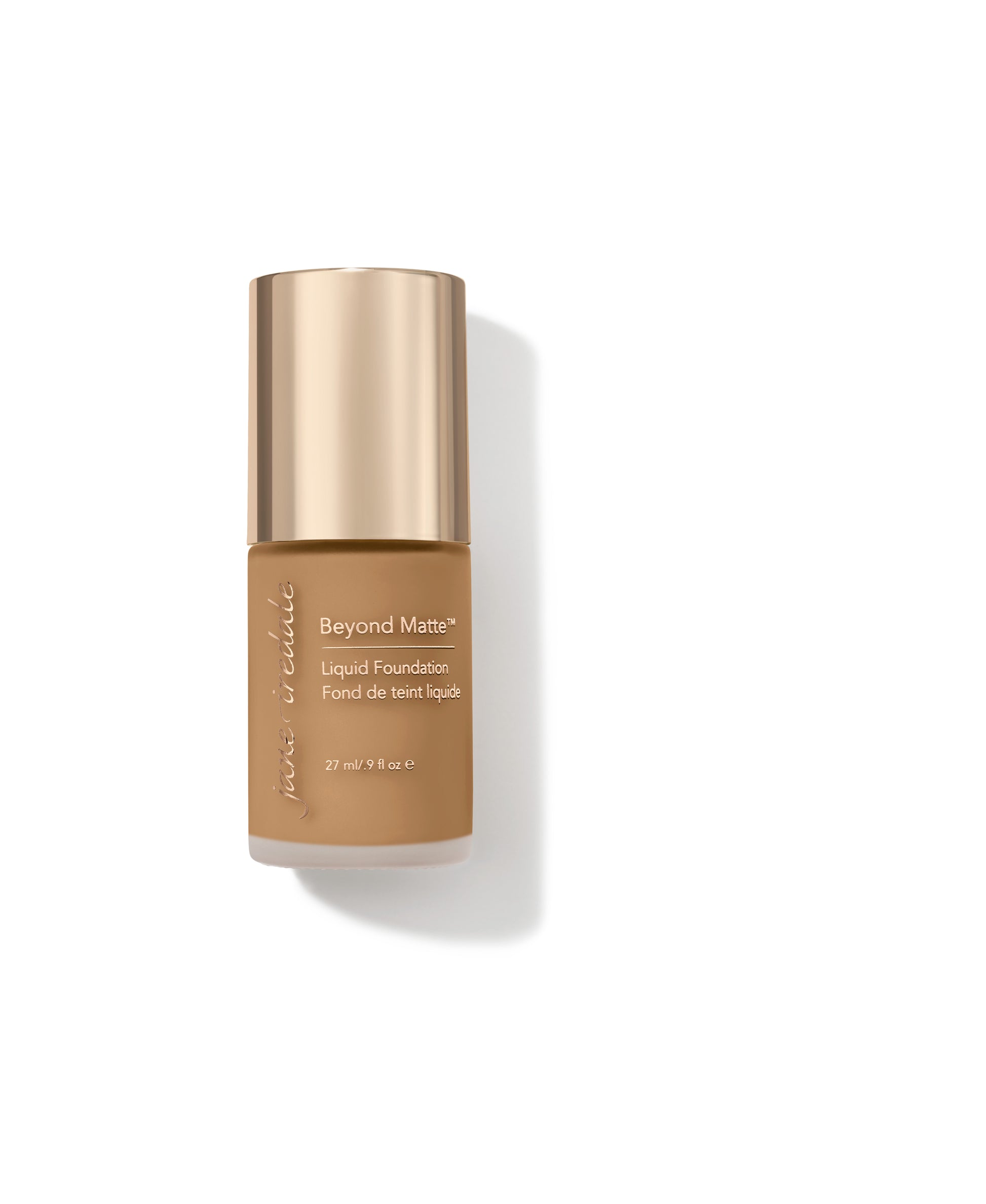 Beyond Matte™ Liquid Foundation by jane iredale in frosted-glass bottle with gold cap; offers buildable, semi-matte coverage using plant-based, pore-minimizing ingredients.