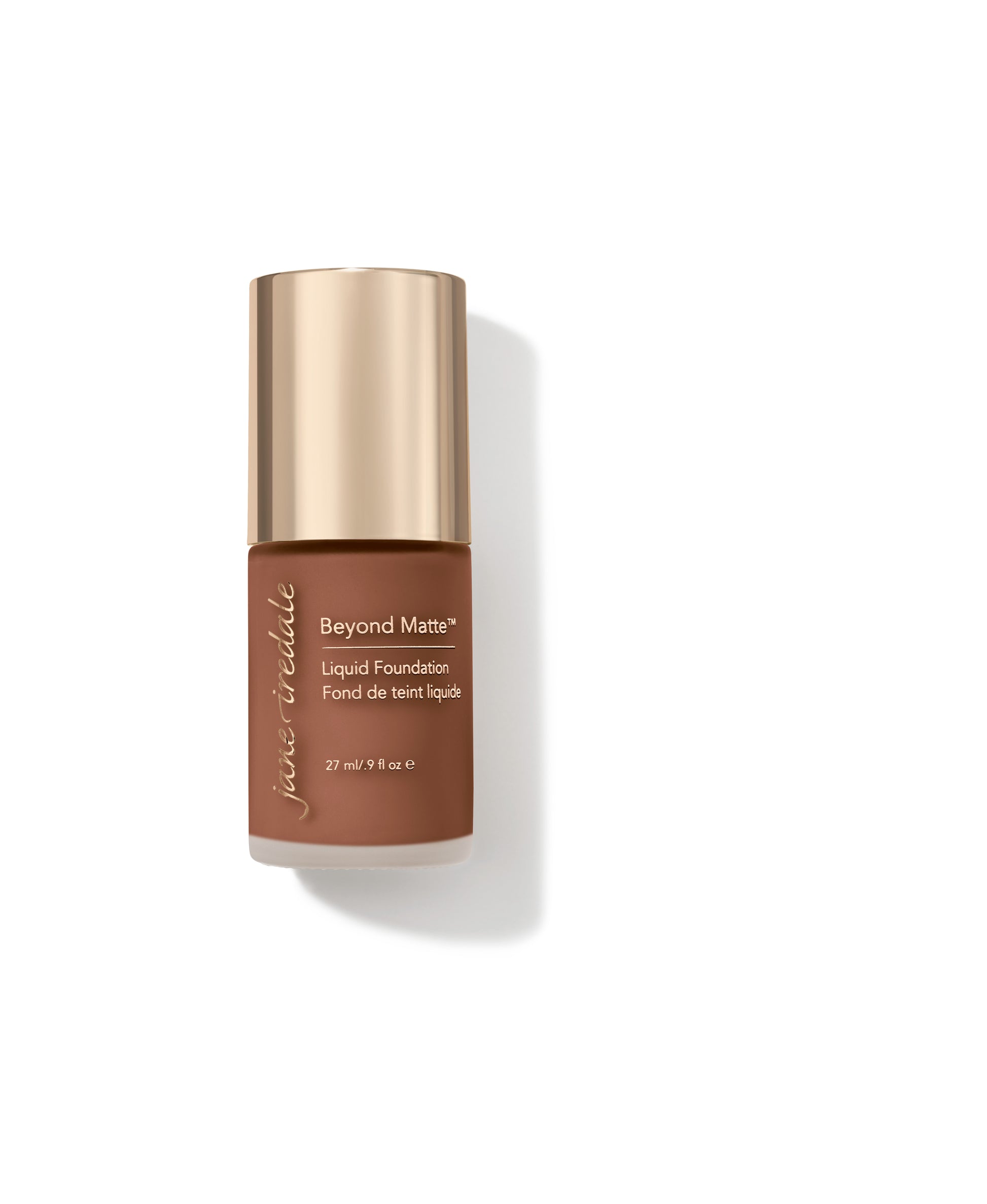 Jane Iredale’s Beyond Matte™ Liquid Foundation in a pump bottle with a gold cap, offering buildable, semi-matte coverage enriched with plant-based ingredients.