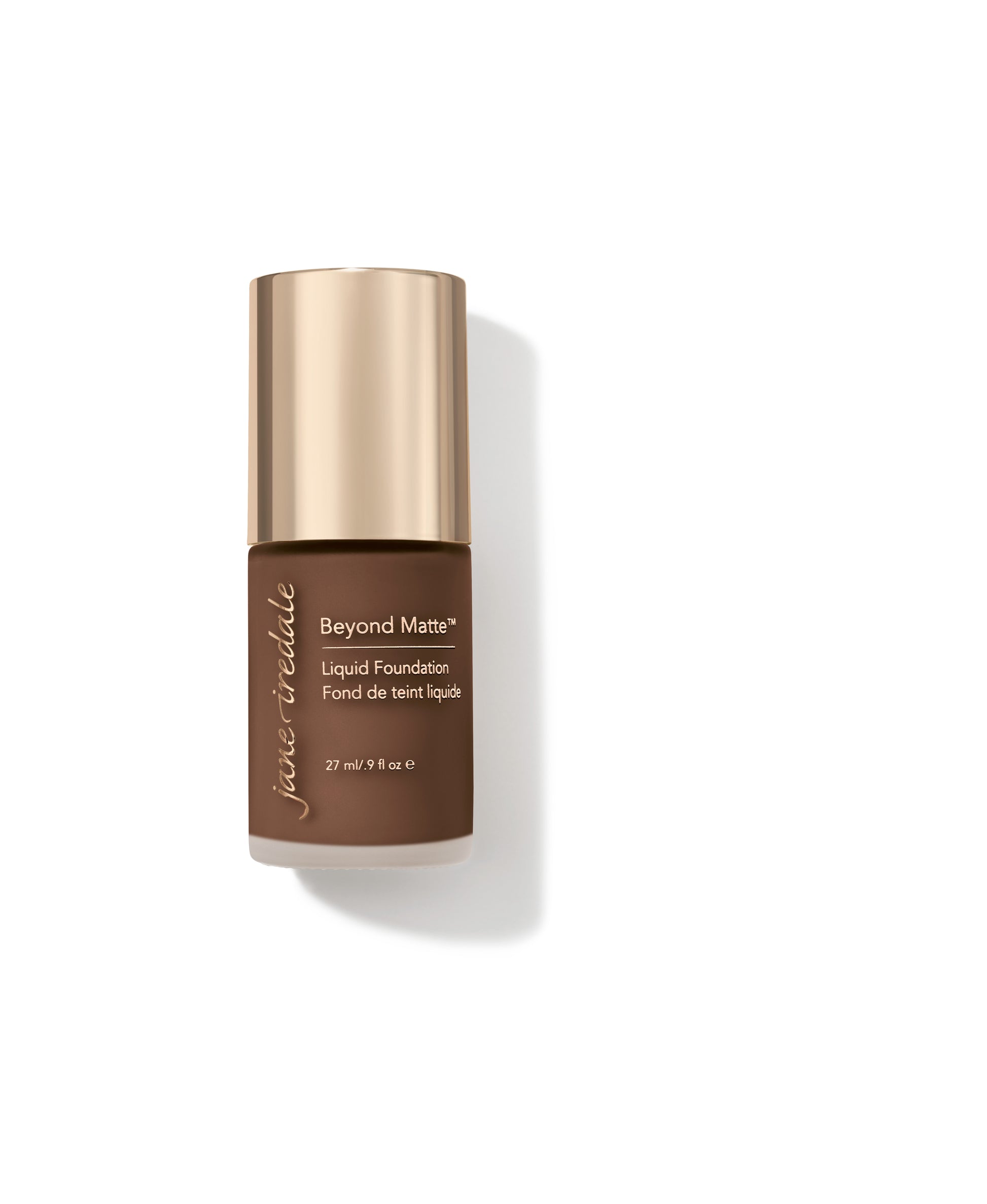 Jane Iredale Beyond Matte™ Liquid Foundation in a 27 ml tube, featuring a matte-brown body and gold cap, offering buildable, semi-matte coverage with plant-based ingredients.