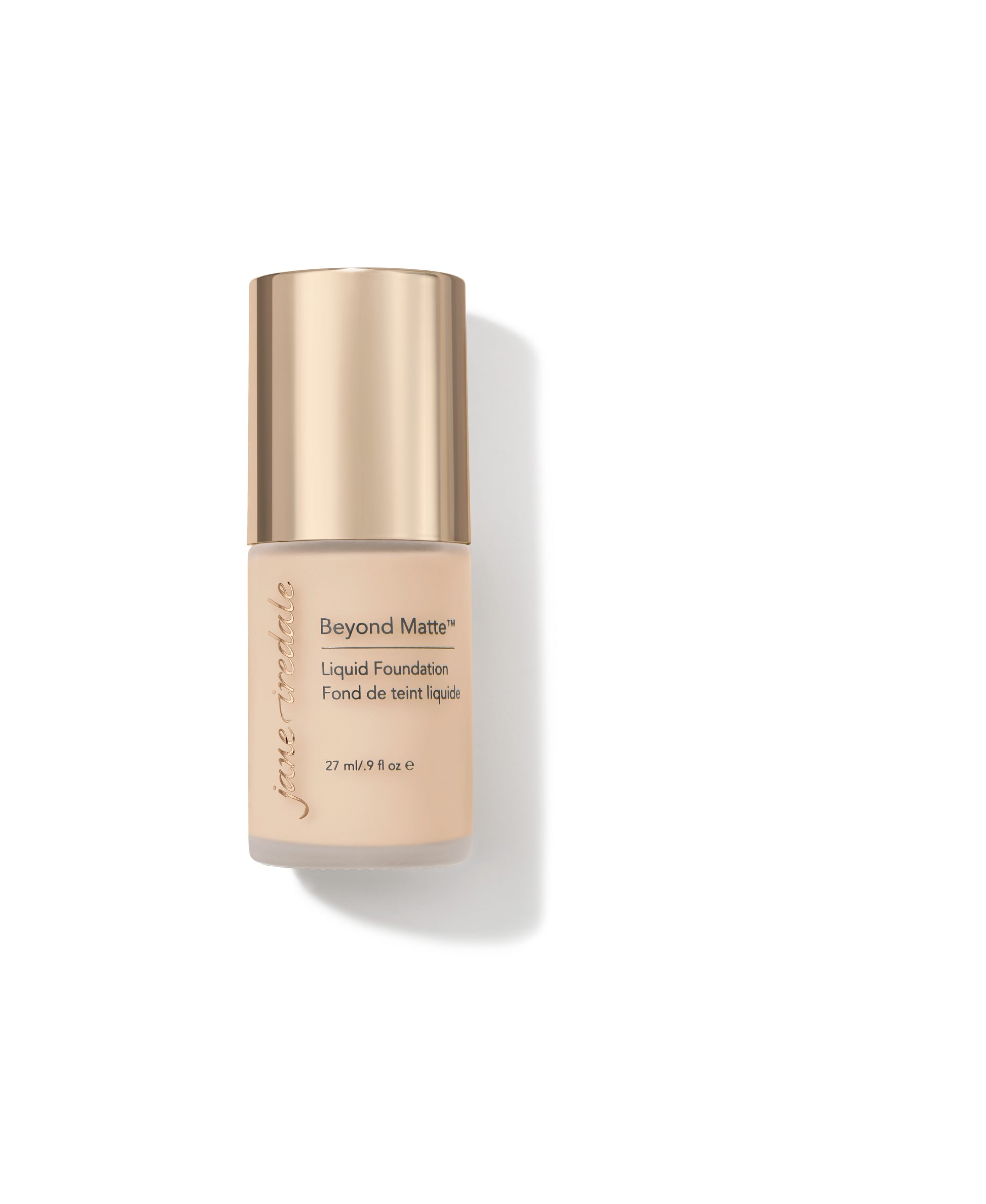 Jane Iredale Beyond Matte Liquid Foundation with gold-tone cap; a clean, weightless 3-in-1 formula offering buildable, semi-matte coverage with skin-nourishing, plant-based ingredients.