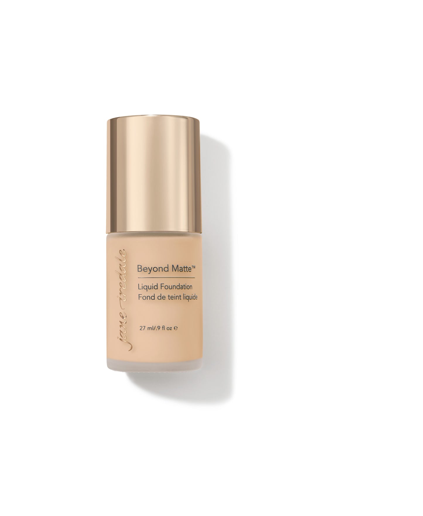 Beyond Matte™ Liquid Foundation in frosted beige glass with gold cap, offering buildable, semi-matte finish with plant-based, pore-minimizing ingredients, 27 ml.