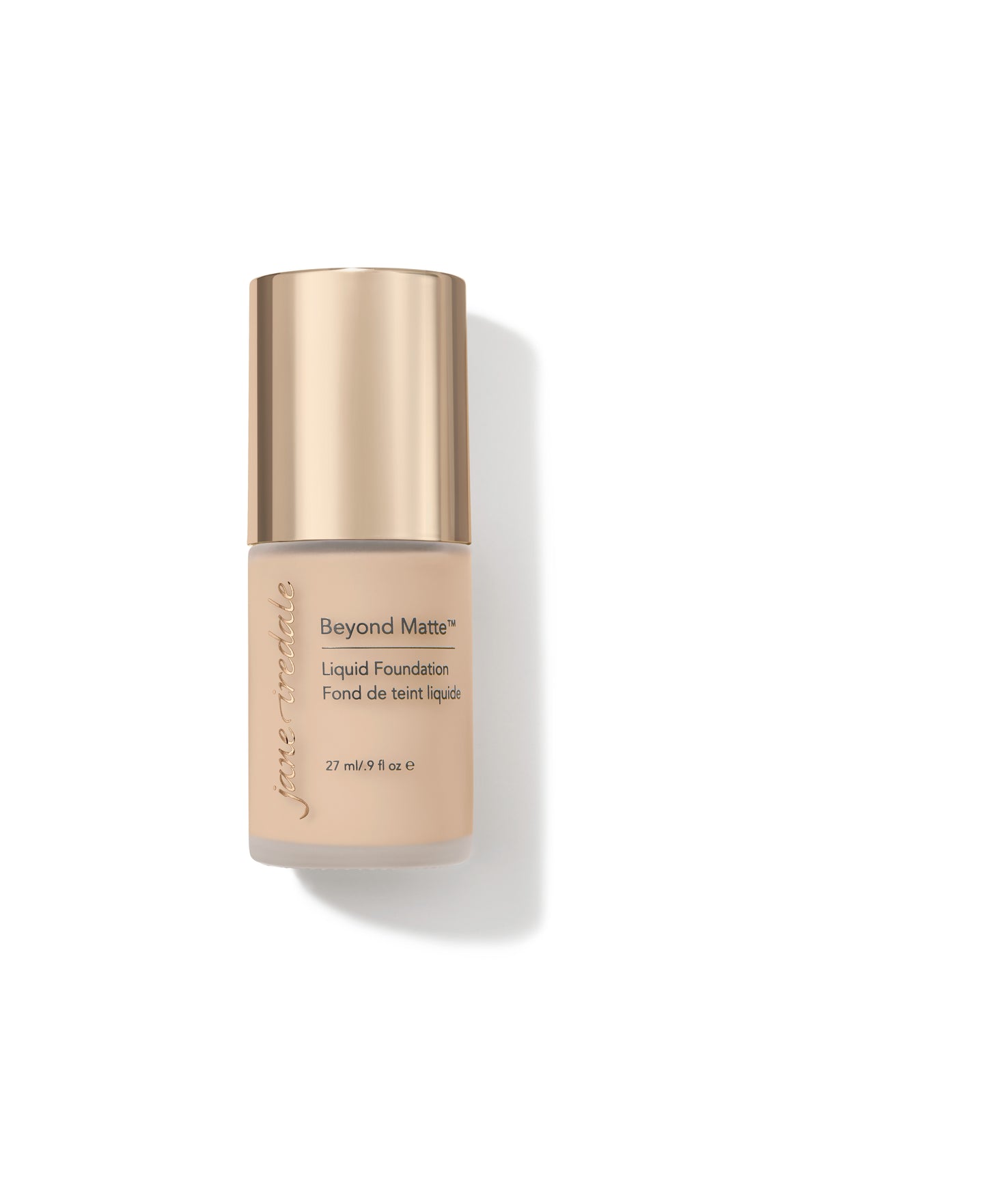 Beyond Matte™ Liquid Foundation bottle, featuring a frosted design with a gold cap, emphasizes a clean, semi-matte finish with plant-based ingredients.