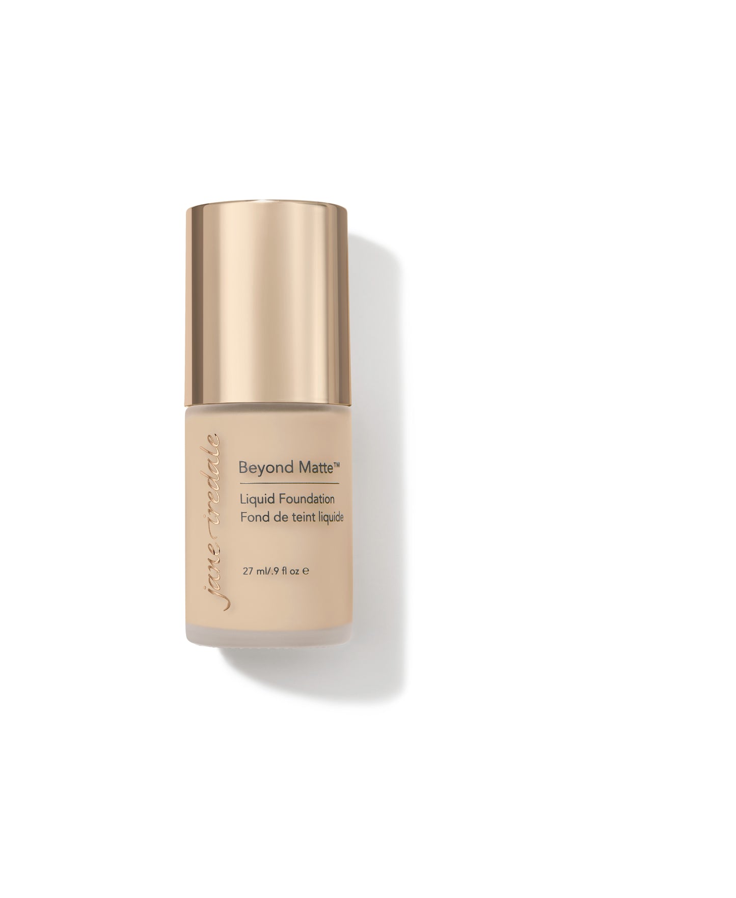 Jane Iredale's Beyond Matte™ Liquid Foundation, featuring a frosted beige bottle with a gold-toned cap, offers buildable, semi-matte coverage with pore-minimizing, plant-based ingredients.