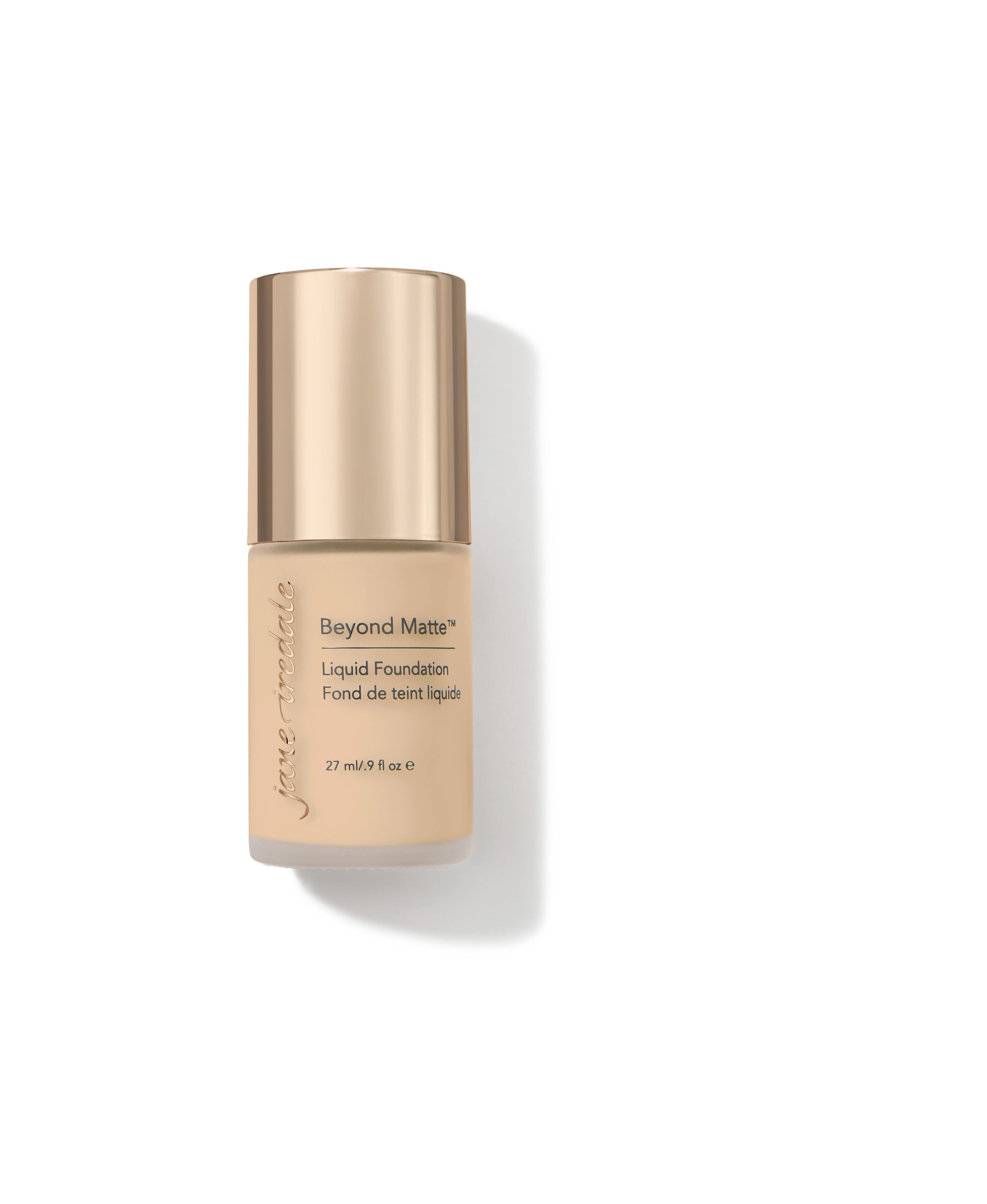 Beyond Matte™ Liquid Foundation by Jane Iredale, a frosted glass bottle with a gold cap, offering buildable, semi-matte coverage with plant-based, skin-nourishing ingredients.
