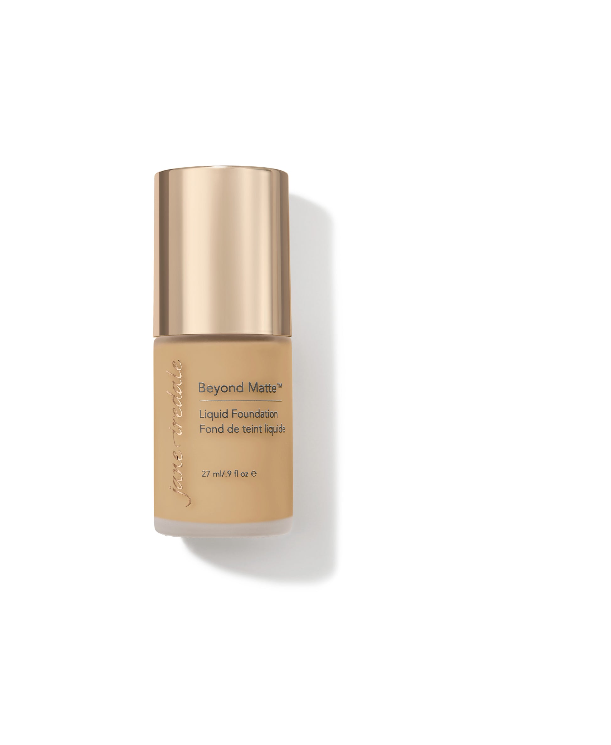 Frosted-glass bottle of Beyond Matte™ Liquid Foundation with rose-gold cap, offering buildable, semi-matte coverage and skin-nourishing, plant-based ingredients.