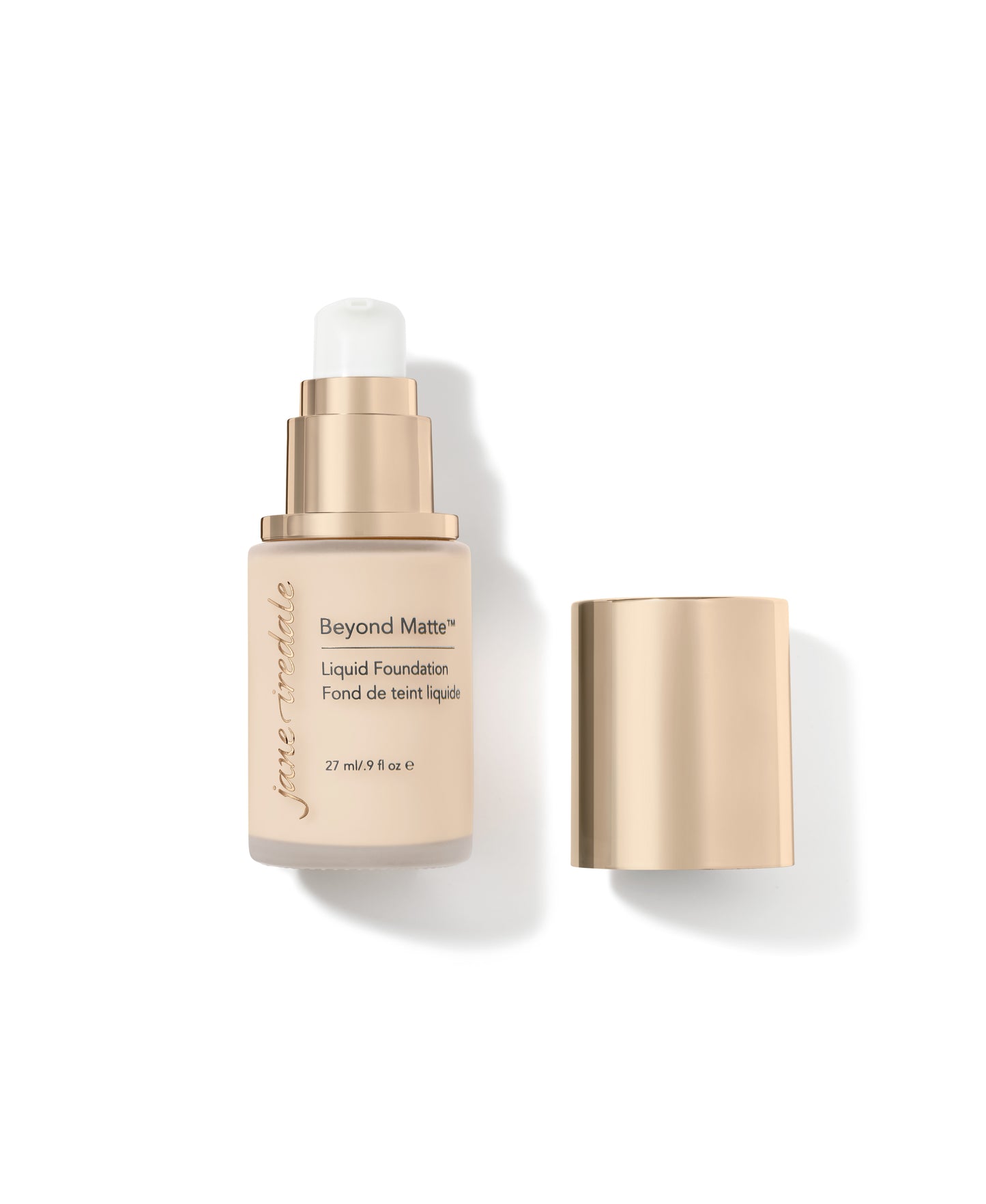 Jane Iredale “Beyond Matte” Liquid Foundation with gold-tone pump and cap, offering buildable coverage and a semi-matte finish with plant-based, pore-minimizing ingredients.