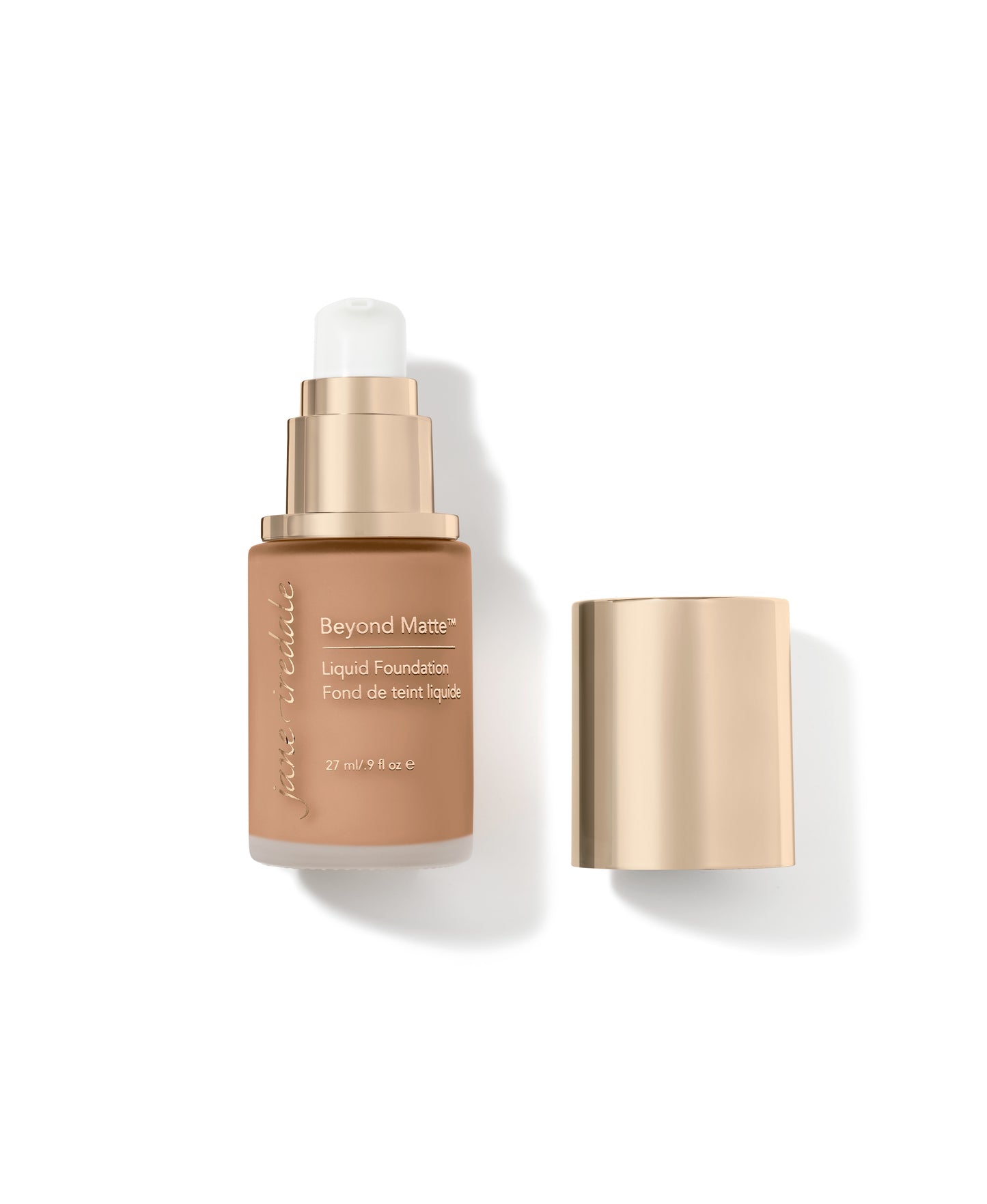Jane Iredale Beyond Matte™ Liquid Foundation in a frosted pump bottle with gold cap, offering buildable, semi-matte coverage with plant-based, pore-minimizing ingredients.