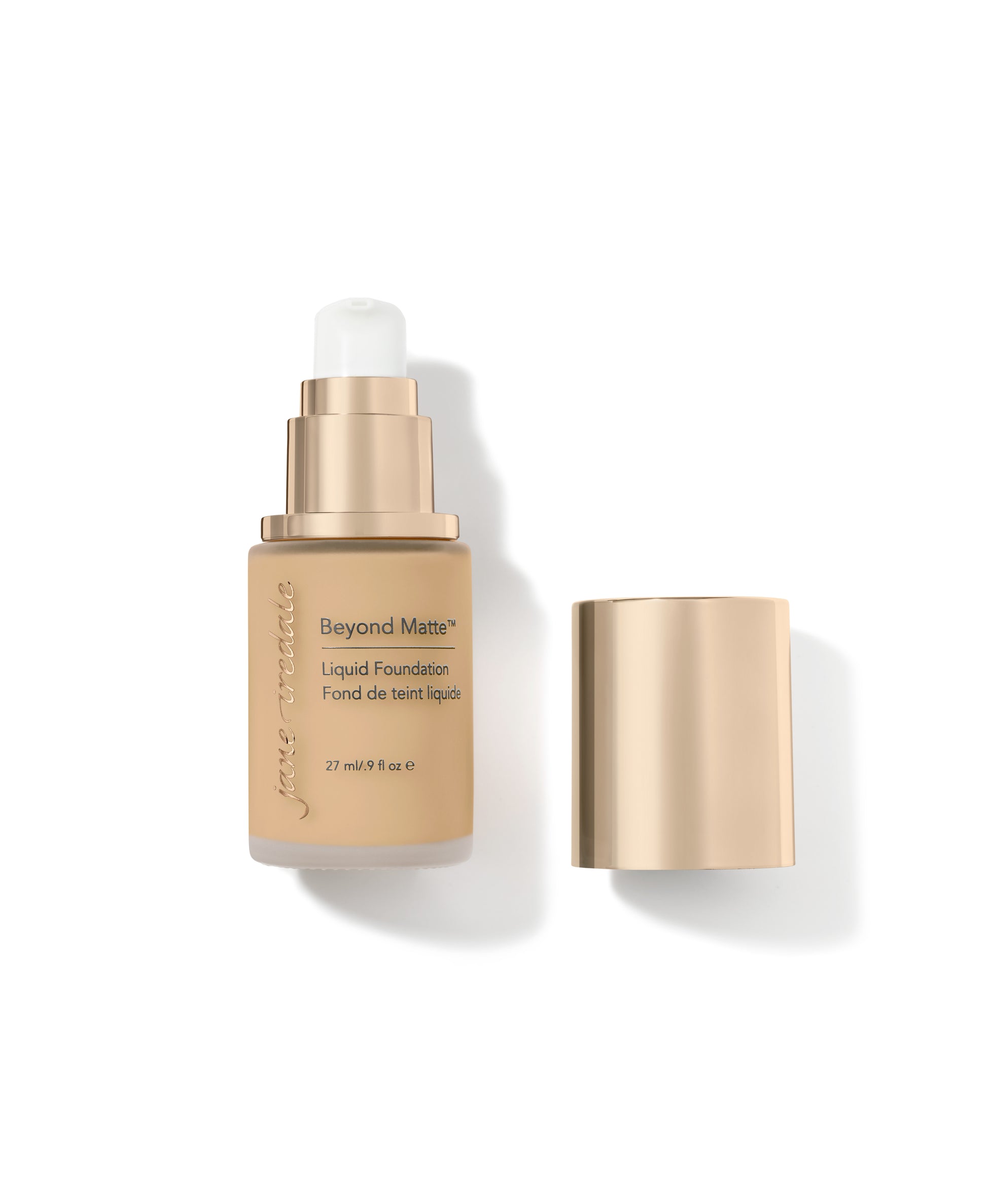 Jane Iredale Beyond Matte™ Liquid Foundation bottle with gold cap removed, highlighting its clean, buildable, semi-matte formula with plant-based, pore-minimizing ingredients.