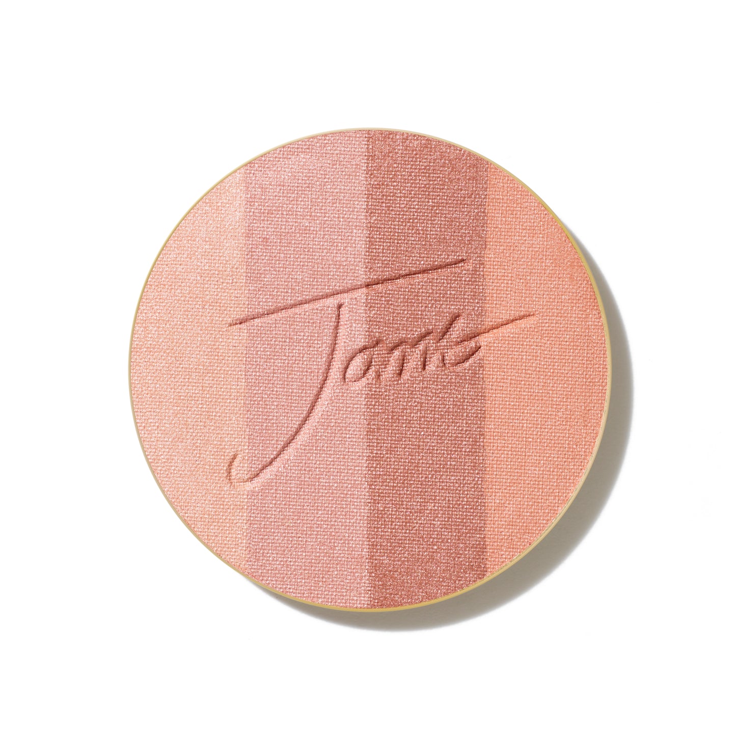 Close-up of PureBronze™ Shimmer Bronzer Palette Refill, showing shimmery peach-pink shades with embossed script design. Ideal for a radiant, glowing look.