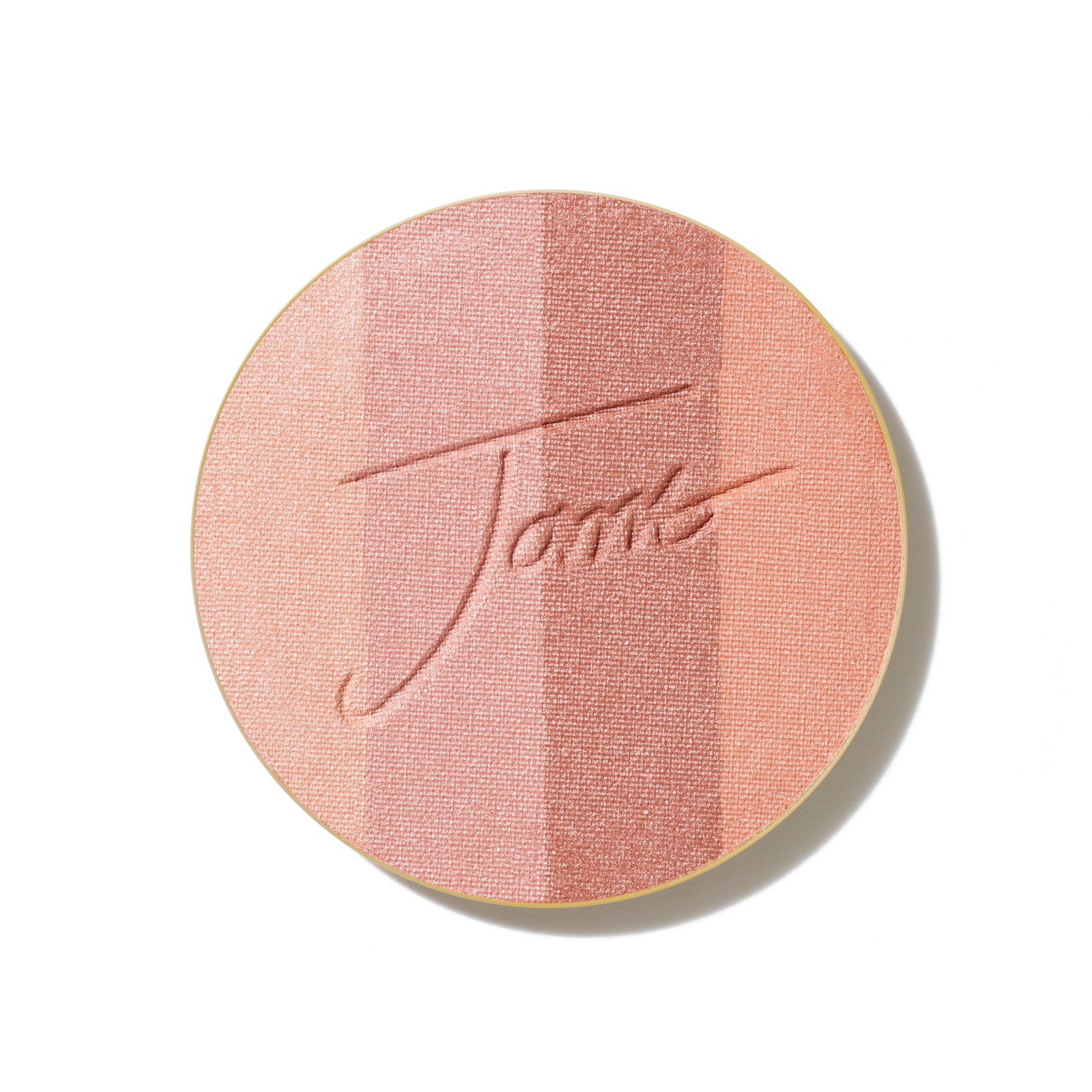 Close-up of PureBronze™ Shimmer Bronzer Palette Refill, showing shimmery peach-pink shades with embossed script design. Ideal for a radiant, glowing look.