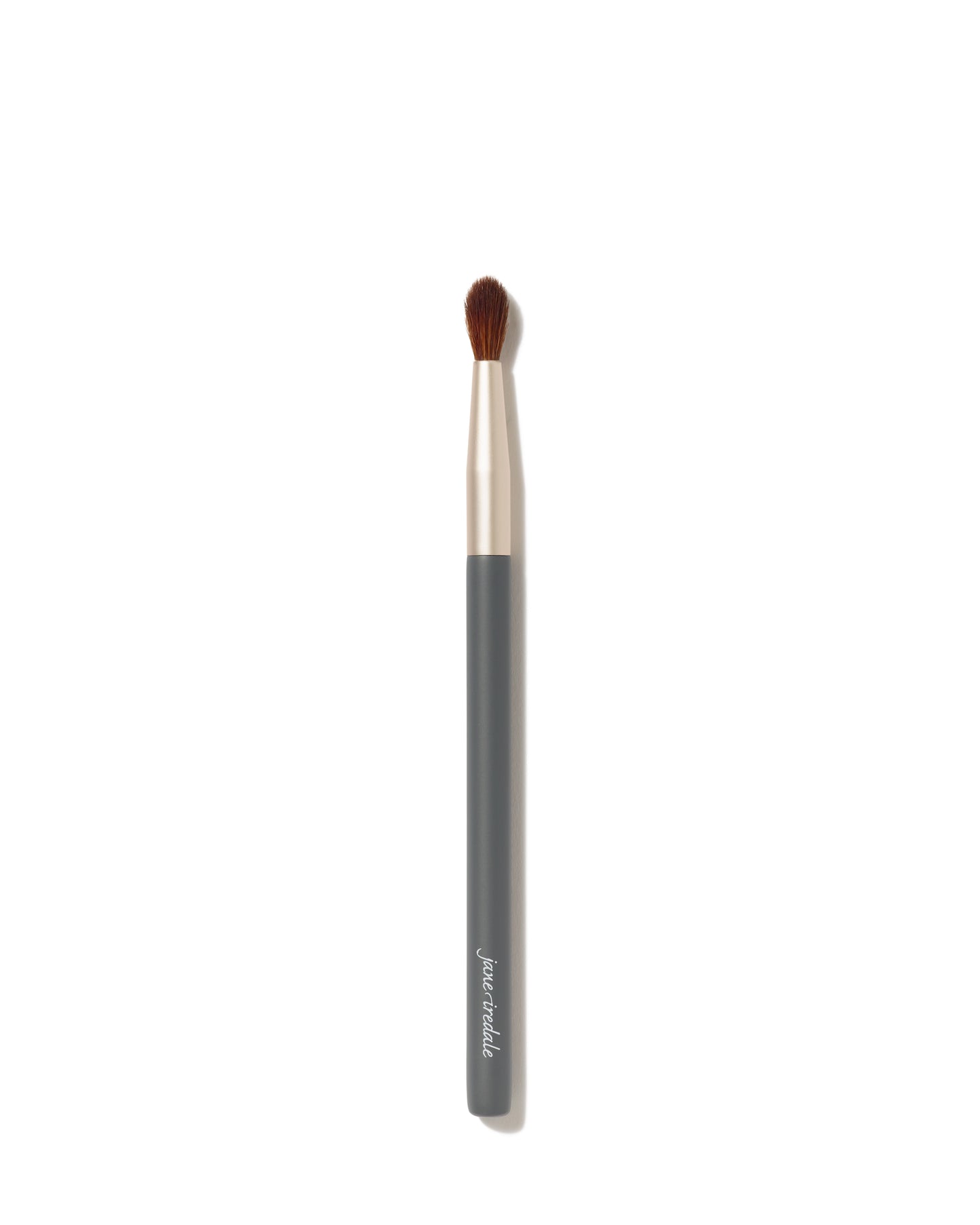 Detail Brush with gray handle and gold ferrule, featuring soft brown bristles for precise eye and lip application, crafted for even product distribution.