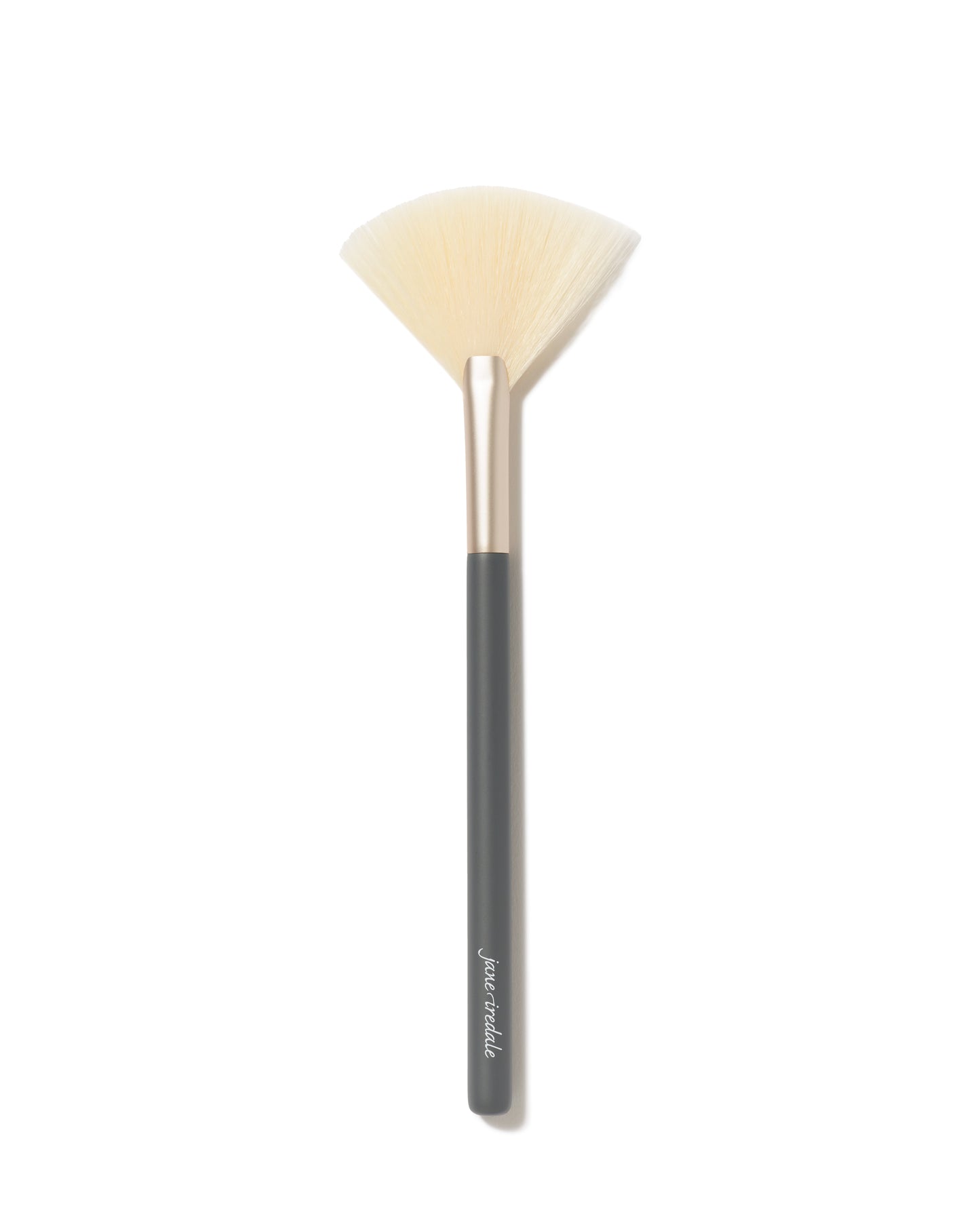 Fan Brush by jane iredale, featuring pale bristles with a metallic ferrule and dark handle, ideal for applying highlighter and dusting away excess powder.