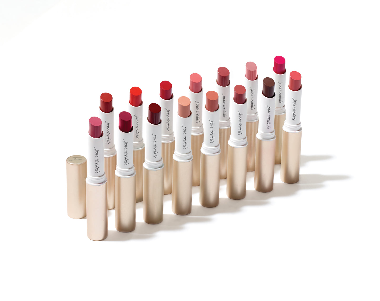 ColorLuxe Hydrating Cream Lipstick in metallic gold cases, displaying a range of shades with a creamy, hydrating formula for vibrant, comfortable wear.