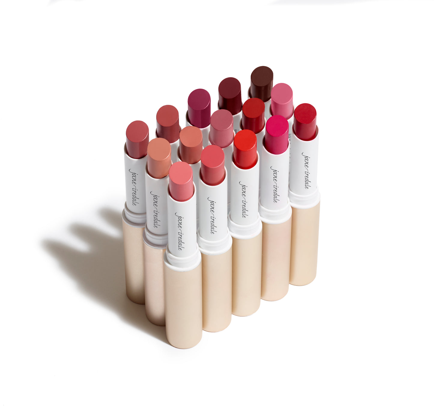ColorLuxe Hydrating Cream Lipstick in 12 shades, featuring creamy, nourishing formula in beige tubes with “jane iredale” branding, perfect for vibrant, comfortable wear.