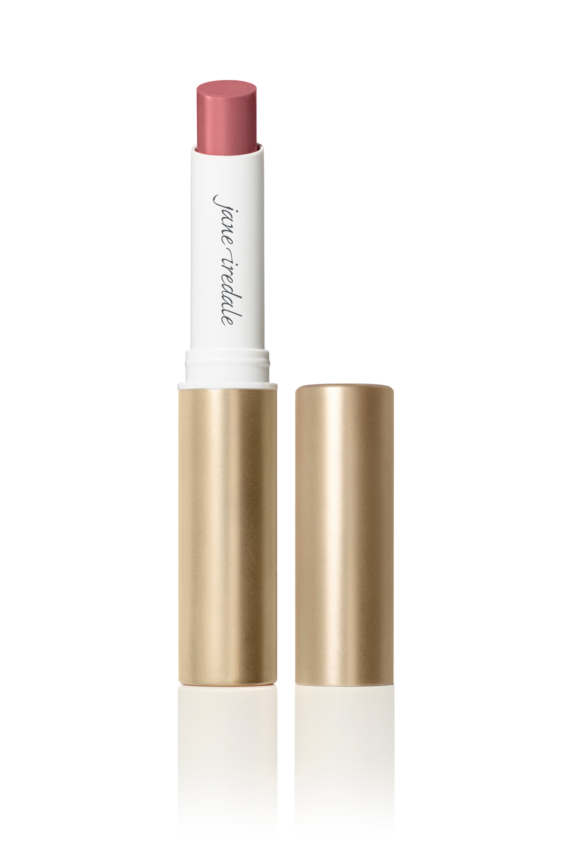 ColorLuxe Hydrating Cream Lipstick in a white, soft-gold tube with a rosy-pink tip, featuring jane iredale branding, offers rich color and hydration.