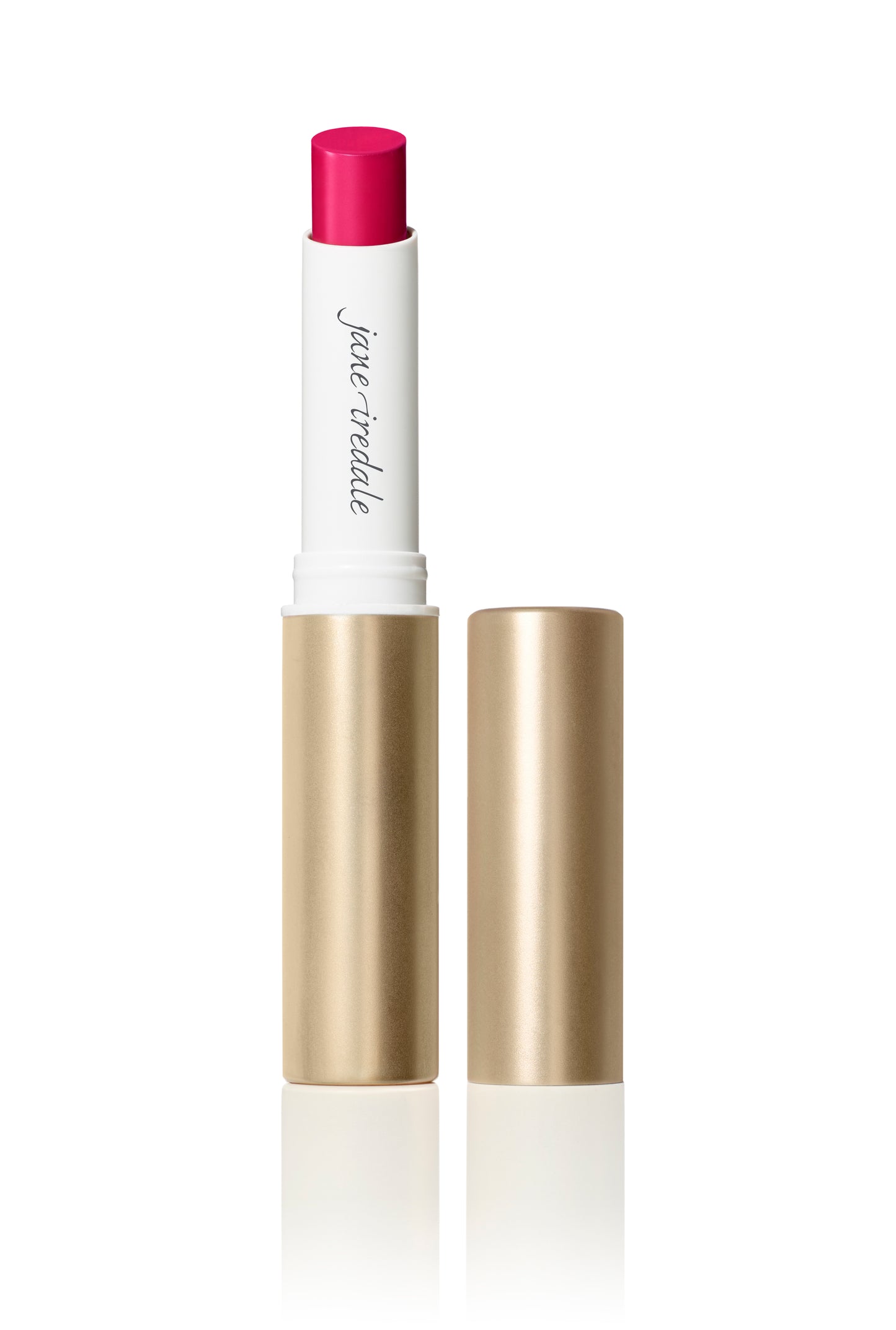 Jane Iredale ColorLuxe Hydrating Cream Lipstick in a sleek tube, showcasing its vibrant pink shade for lips and cheeks, cap removed.