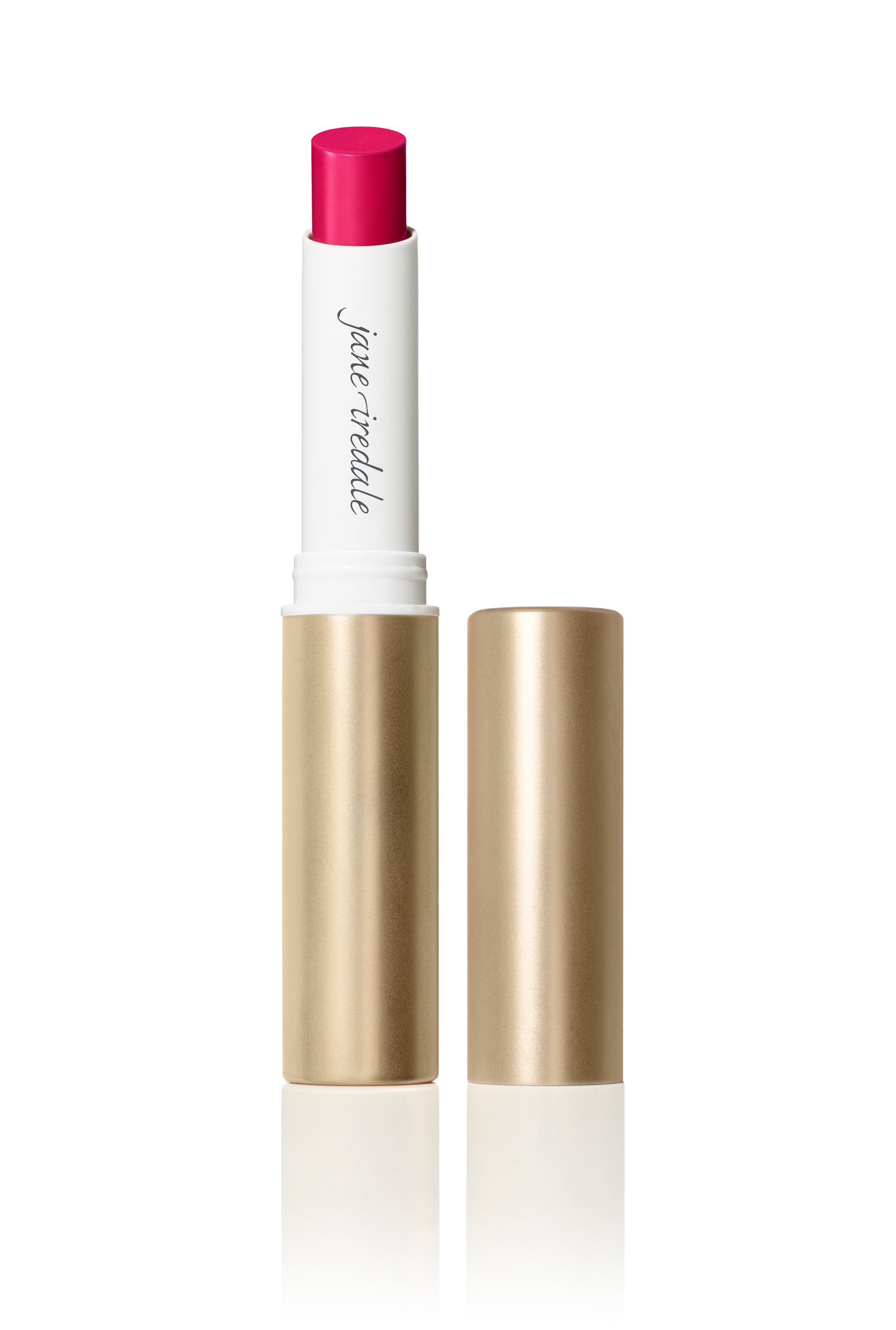 Jane Iredale ColorLuxe Hydrating Cream Lipstick in a sleek tube, showcasing its vibrant pink shade for lips and cheeks, cap removed.