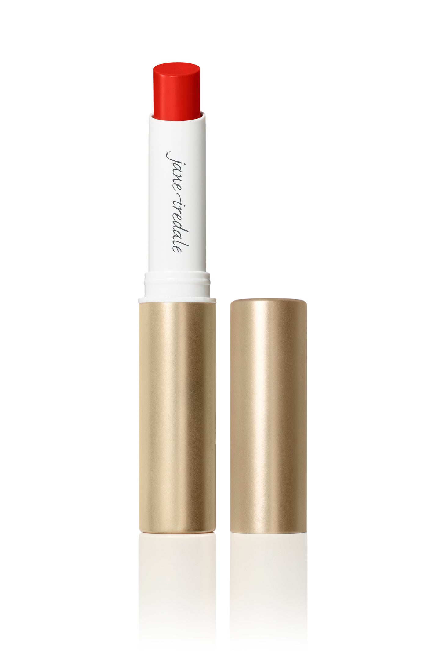 ColorLuxe Hydrating Cream Lipstick in a white and gold tube, showcasing its twist-up bright red shade for vibrant, comfortable, all-day wear with a satin finish.