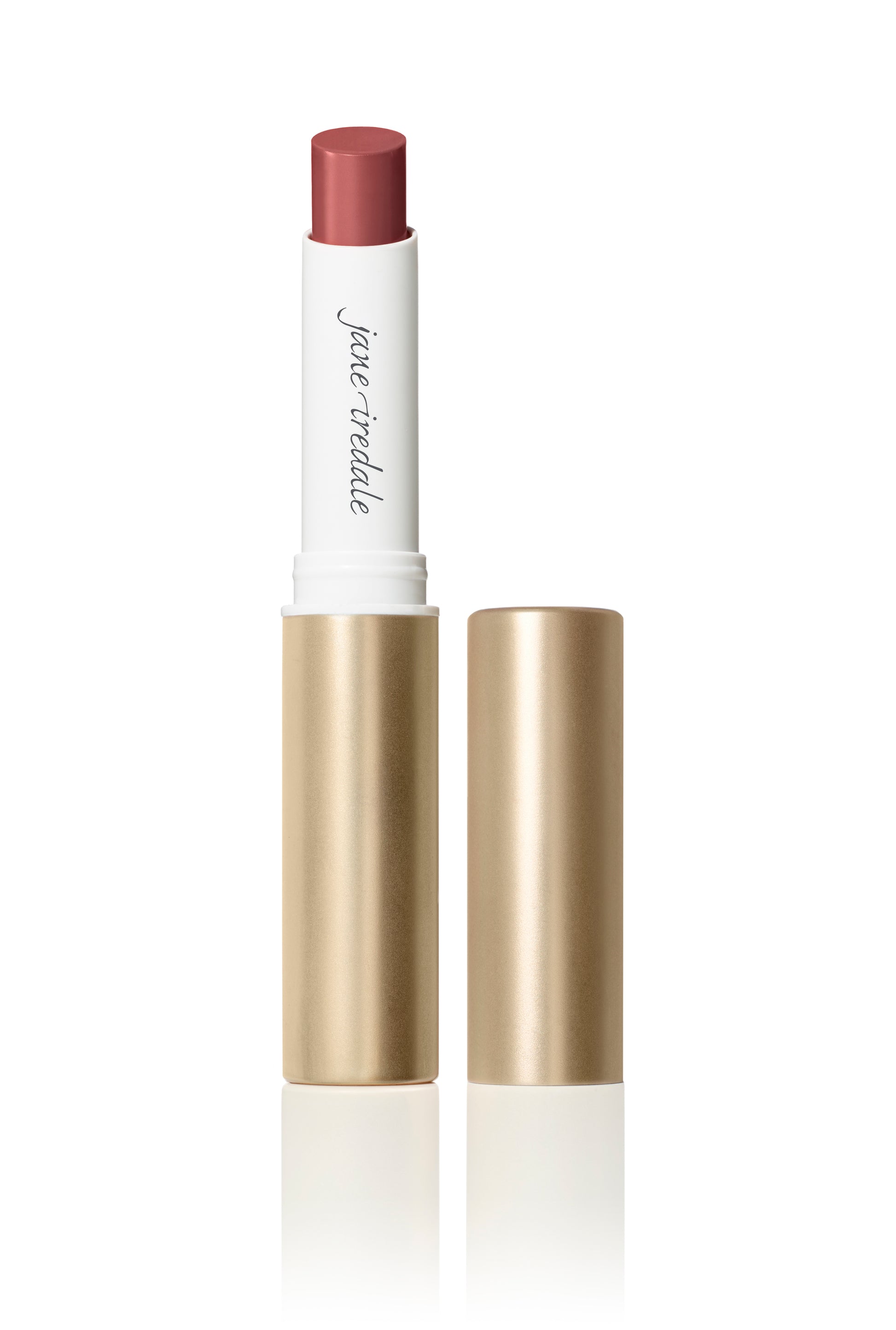 Jane Iredale's ColorLuxe Hydrating Cream Lipstick in a gold tube, showcasing a rose-nude shade bullet, promises rich color and all-day comfort.