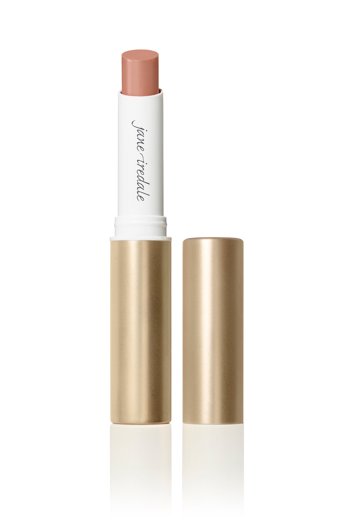 ColorLuxe Hydrating Cream Lipstick in a sleek white and gold tube with a rosy-nude shade, offering rich color and all-day comfort.