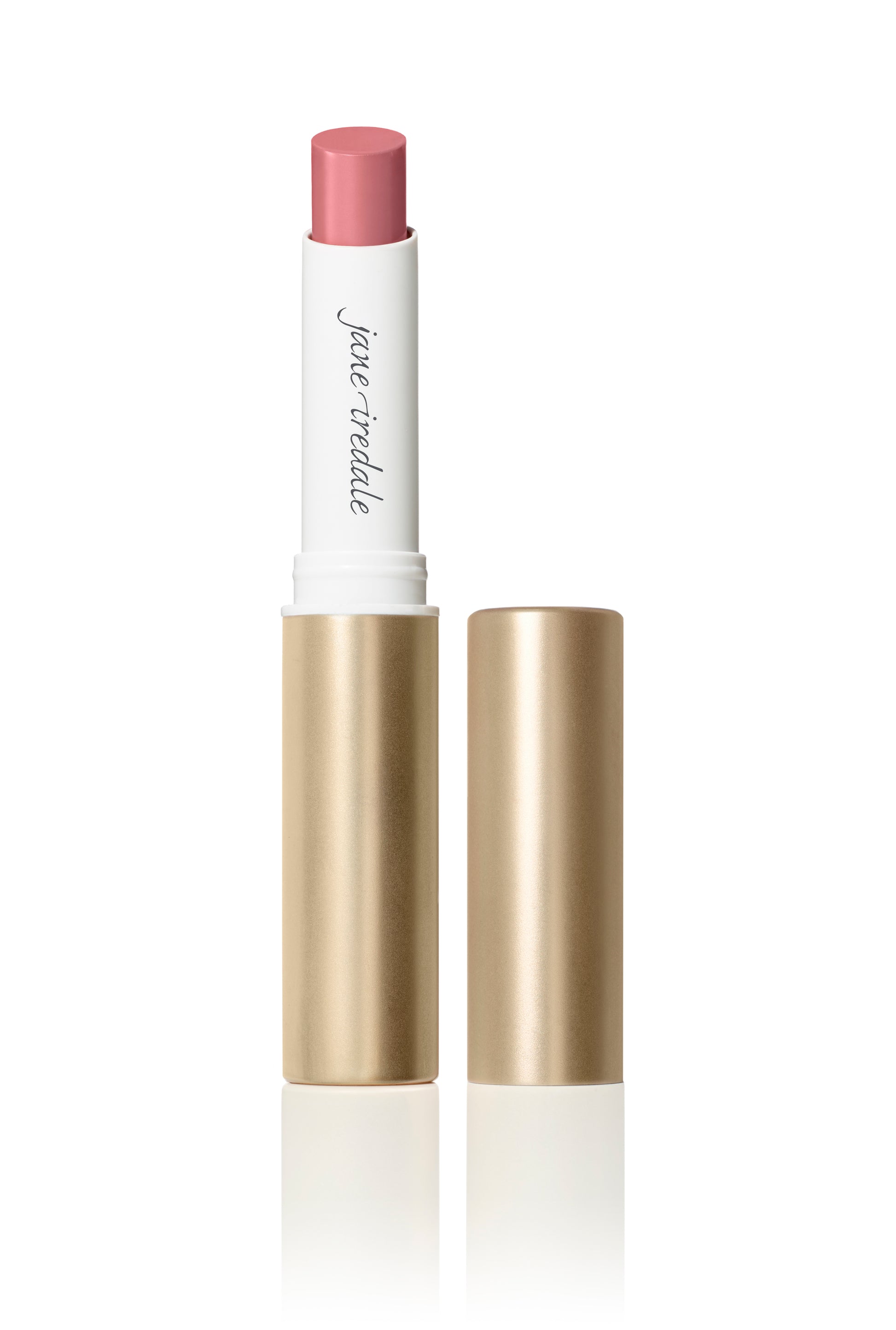 ColorLuxe Hydrating Cream Lipstick by jane iredale in a white tube with gold accents, offering rich color and a hydrating, comfortable satin finish.