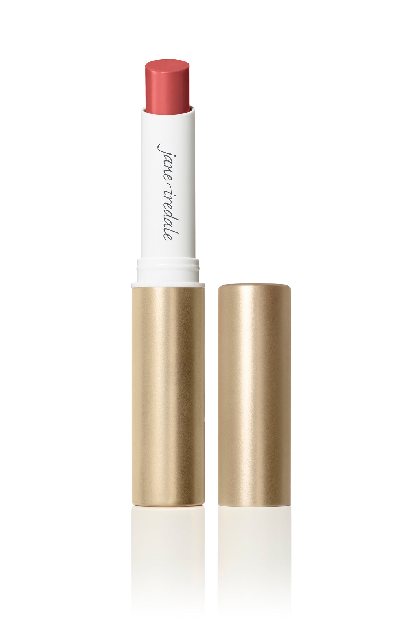 ColorLuxe Hydrating Cream Lipstick with gold cap removed, revealing rosy-red balm in white tube featuring jane iredale branding, offering rich, comfortable color.