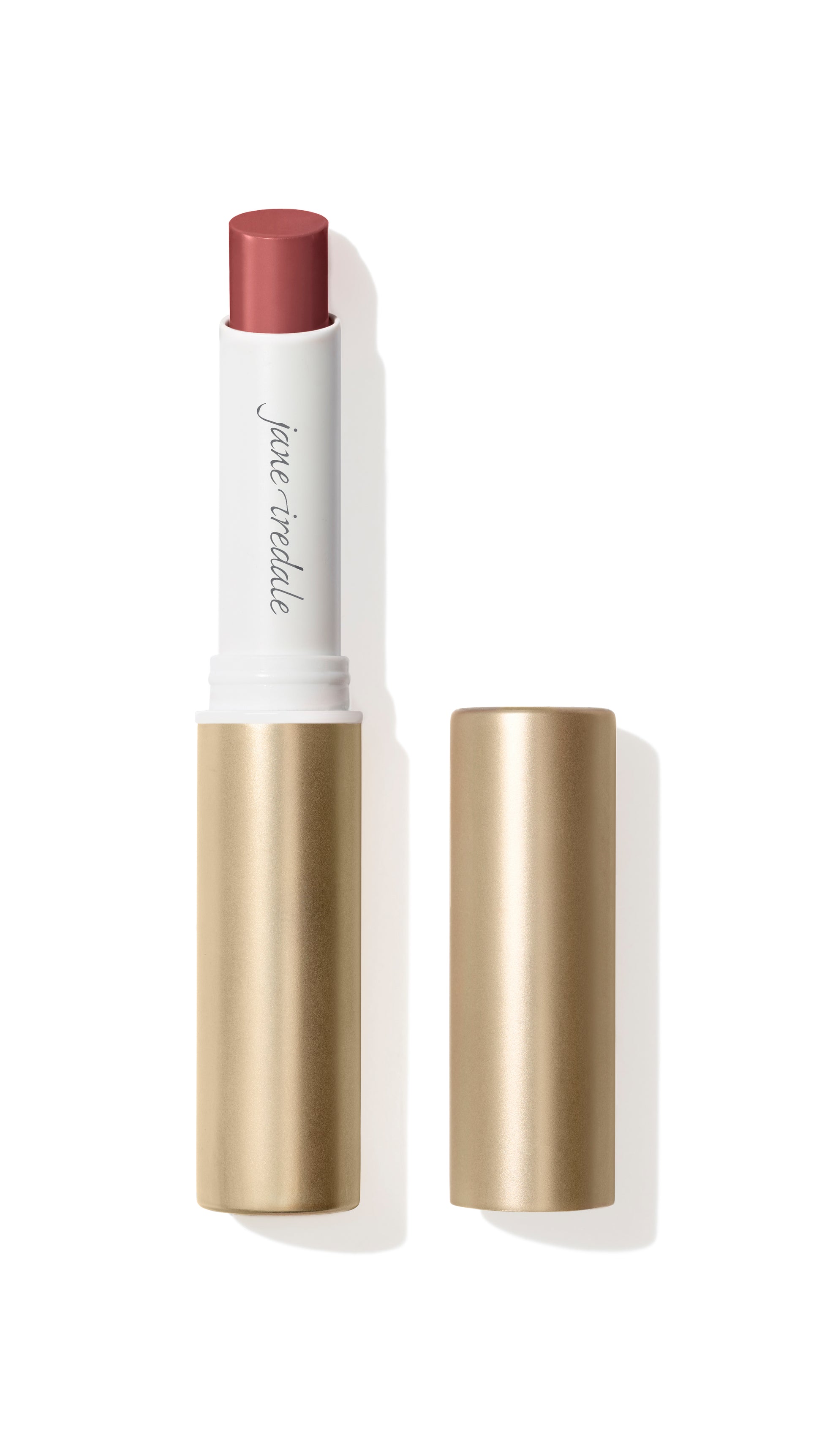 ColorLuxe Hydrating Cream Lipstick by Jane Iredale in a gold-capped tube offers a creamy, hydrating formula with a muted rose-nude shade.